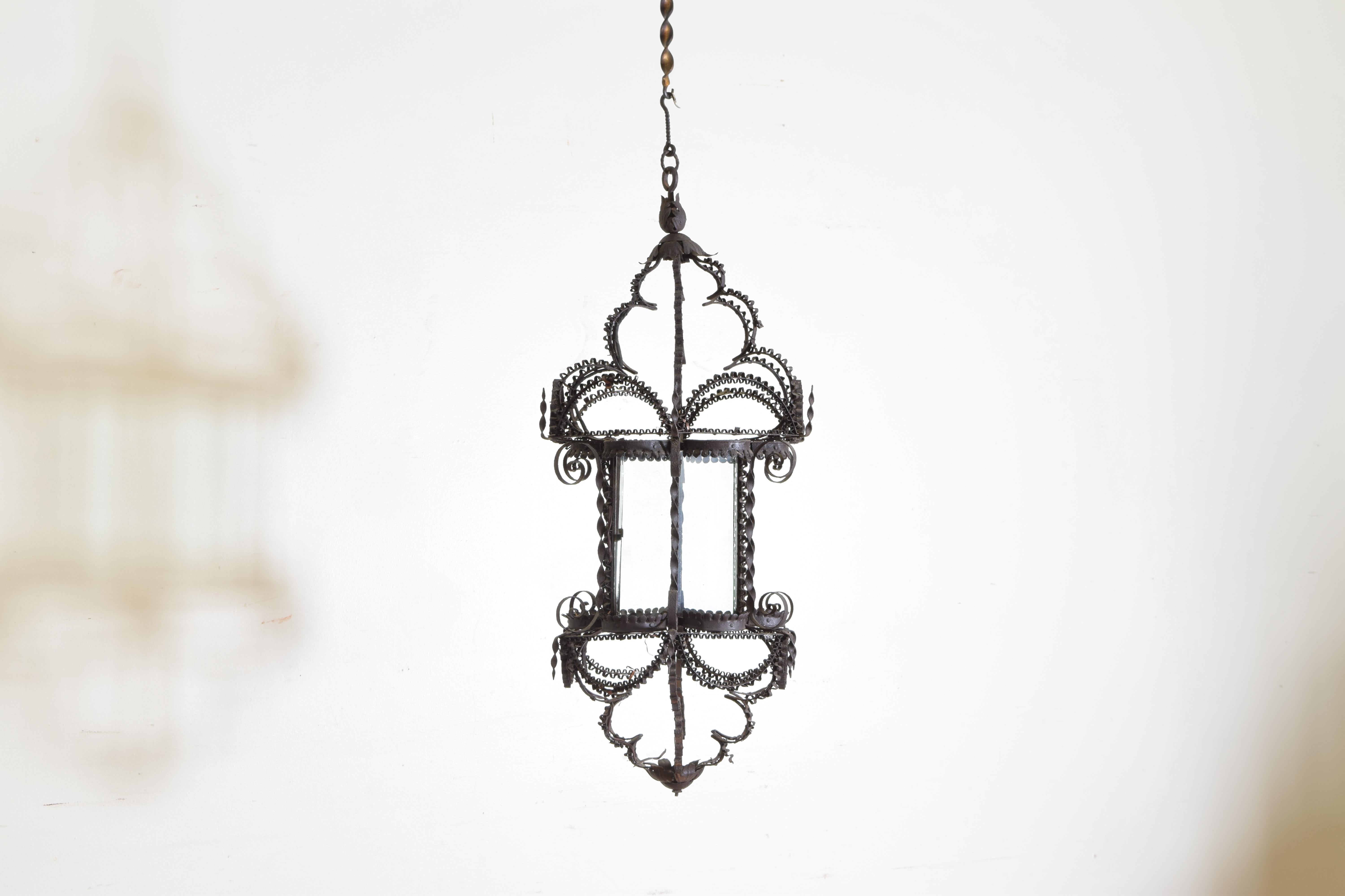 Baroque Revival Wrought Iron Filigree Baroque Style Hanging Glass Paned Lantern, 19th century
