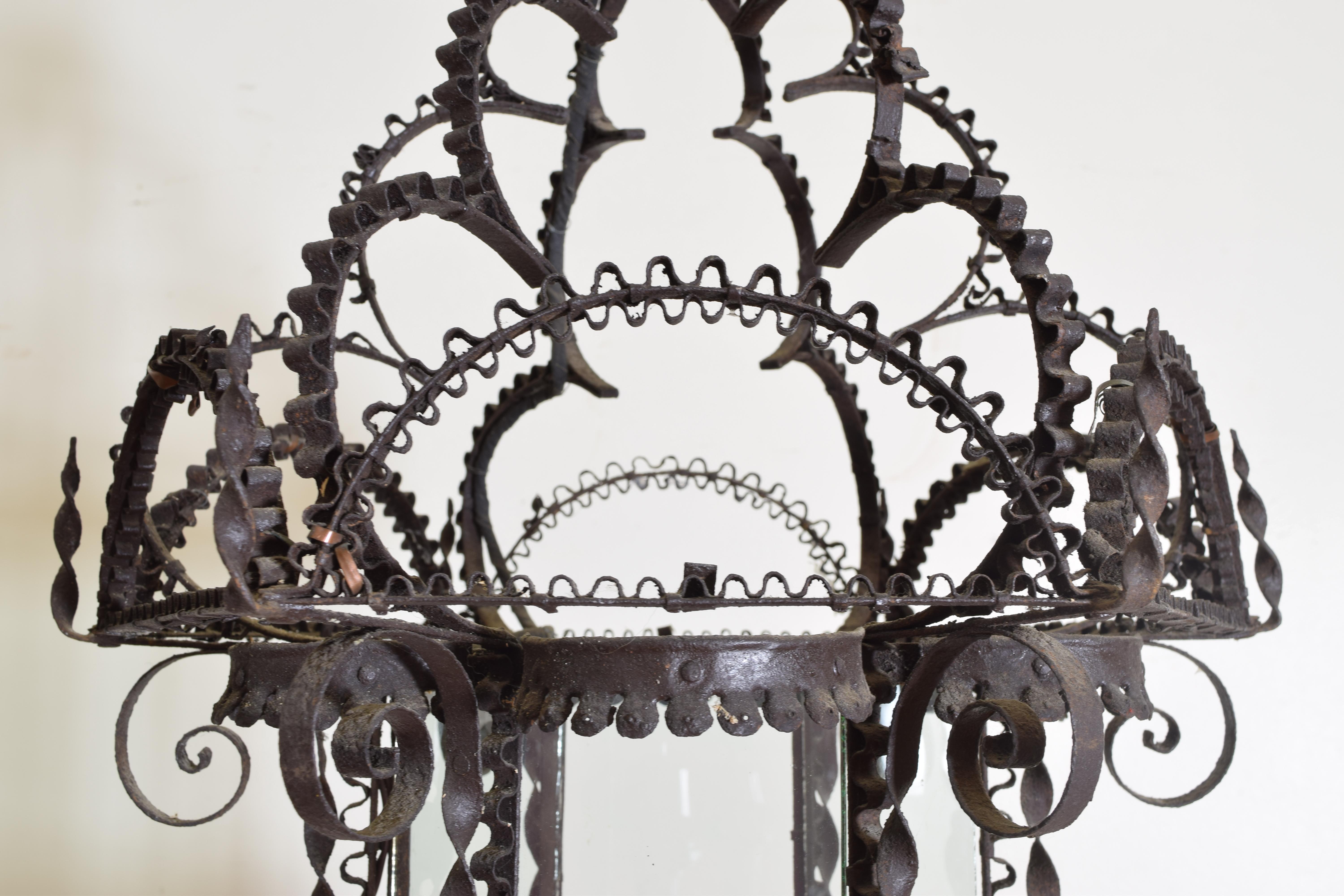 Wrought Iron Filigree Baroque Style Hanging Glass Paned Lantern, 19th century 1