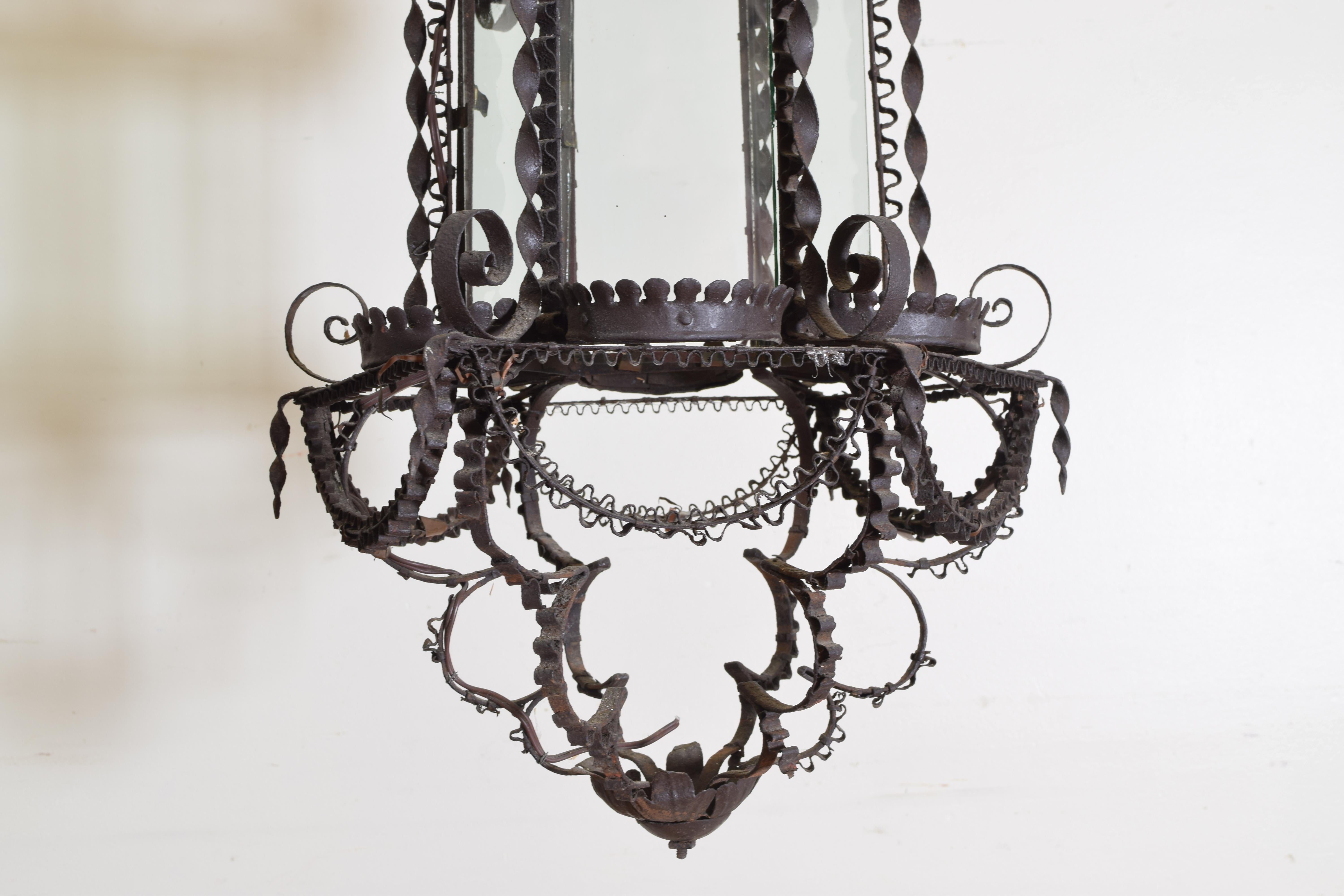 Wrought Iron Filigree Baroque Style Hanging Glass Paned Lantern, 19th century 3