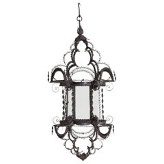 Wrought Iron Filigree Baroque Style Hanging Glass Paned Lantern, 19th century