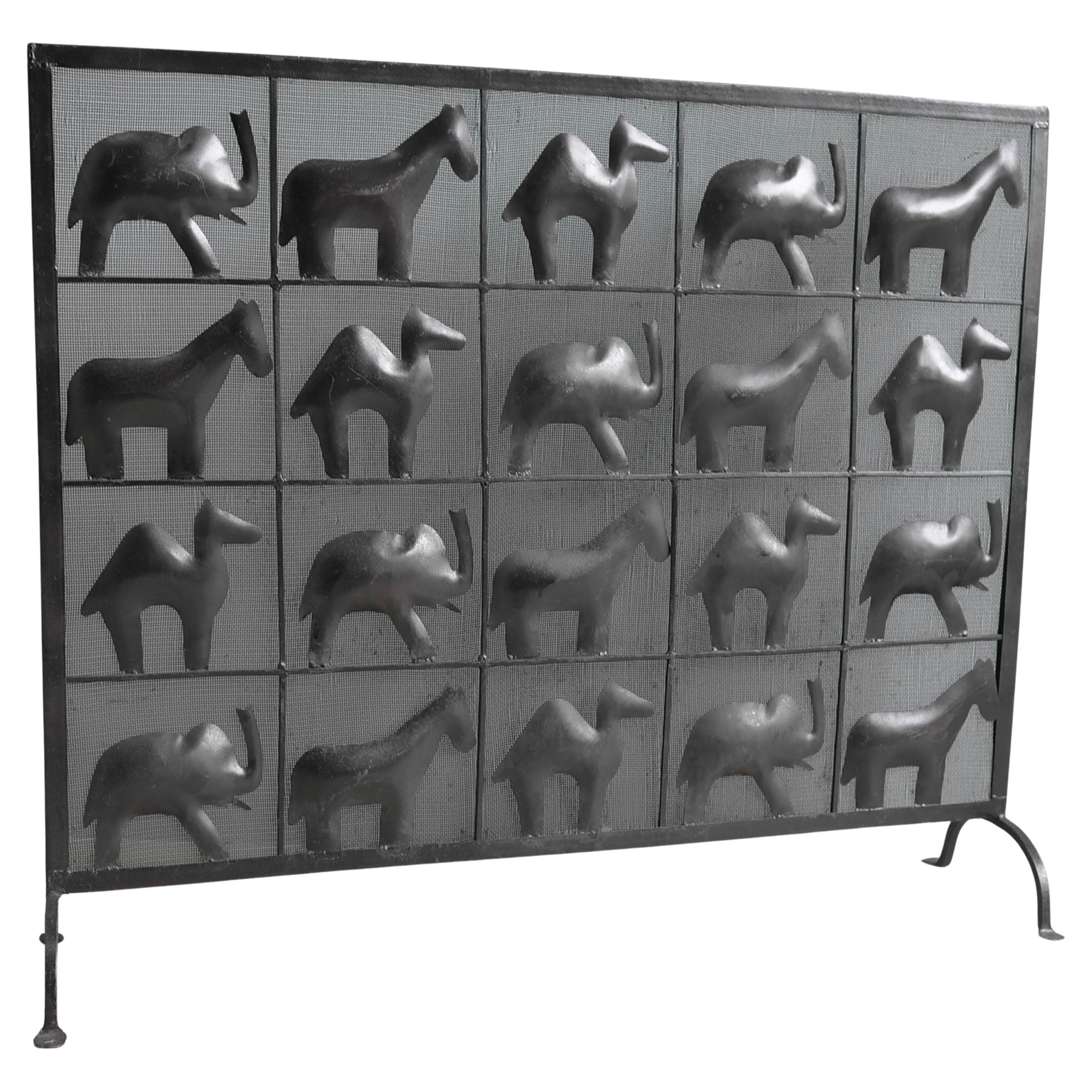 Wrought Iron Fire Screen, African Animals by Atelier Marolles, France, 1955