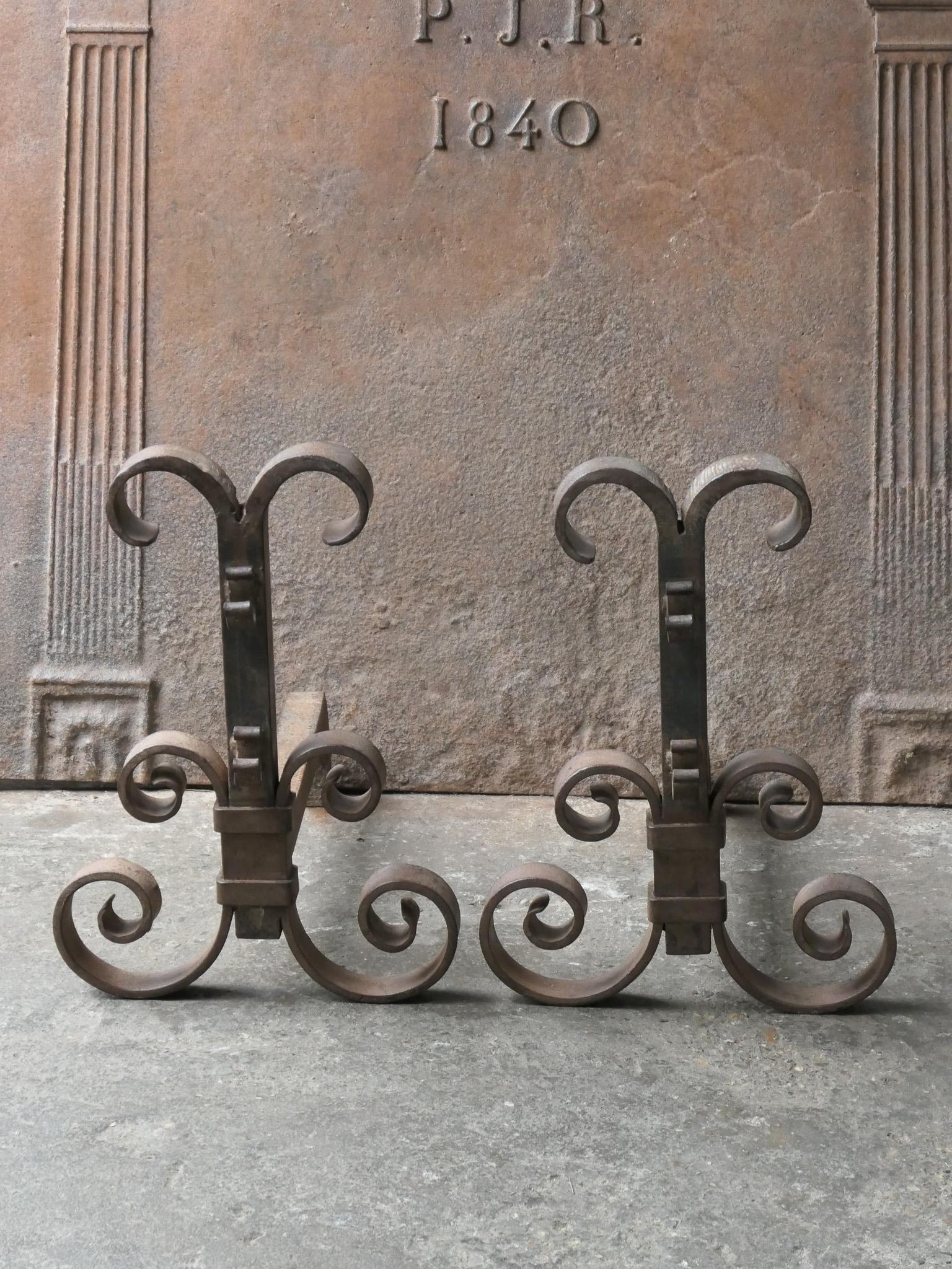 French Wrought Iron Firedogs or Andirons, France, 20th Century For Sale