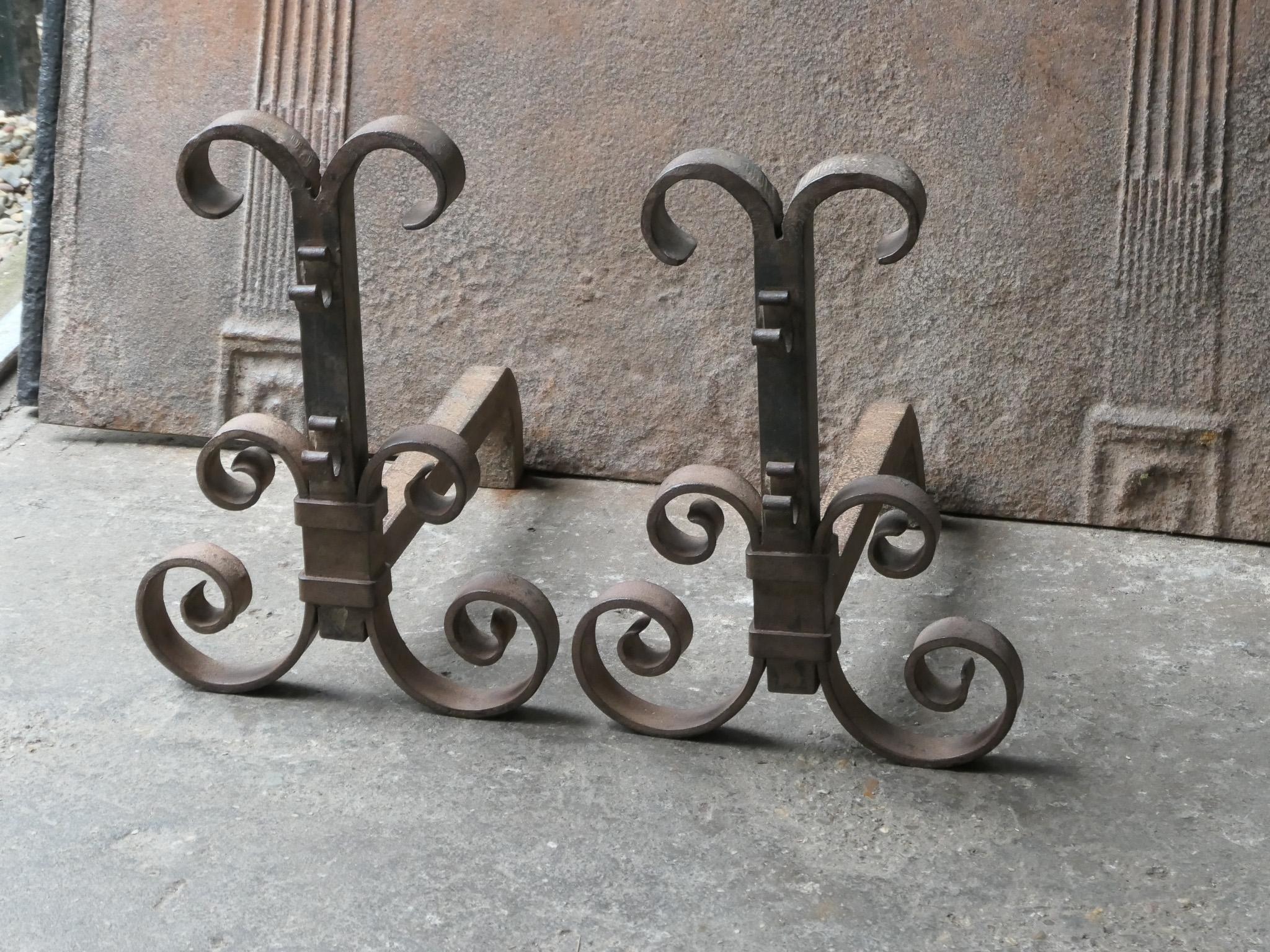 Forged Wrought Iron Firedogs or Andirons, France, 20th Century For Sale