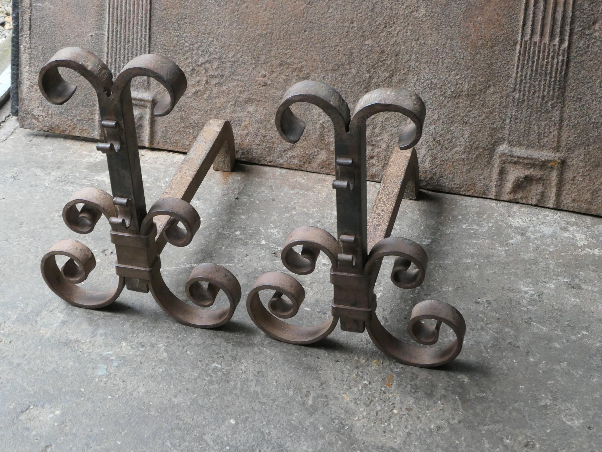 Wrought Iron Firedogs or Andirons, France, 20th Century In Good Condition For Sale In Soest, NL