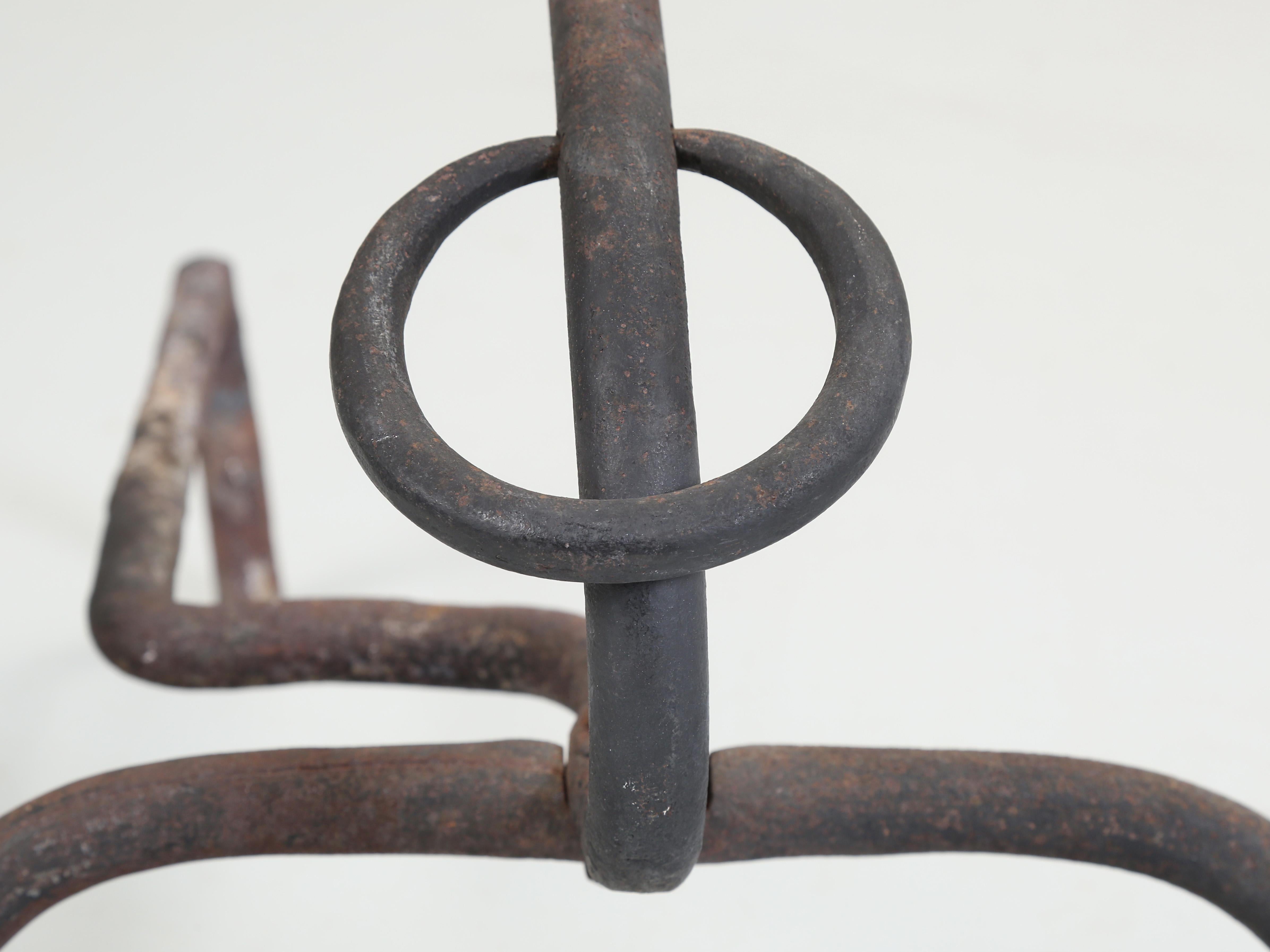 Wrought Iron Fireplace Andirons. Modernist Curled Form with Sphere Top c1940's For Sale 3
