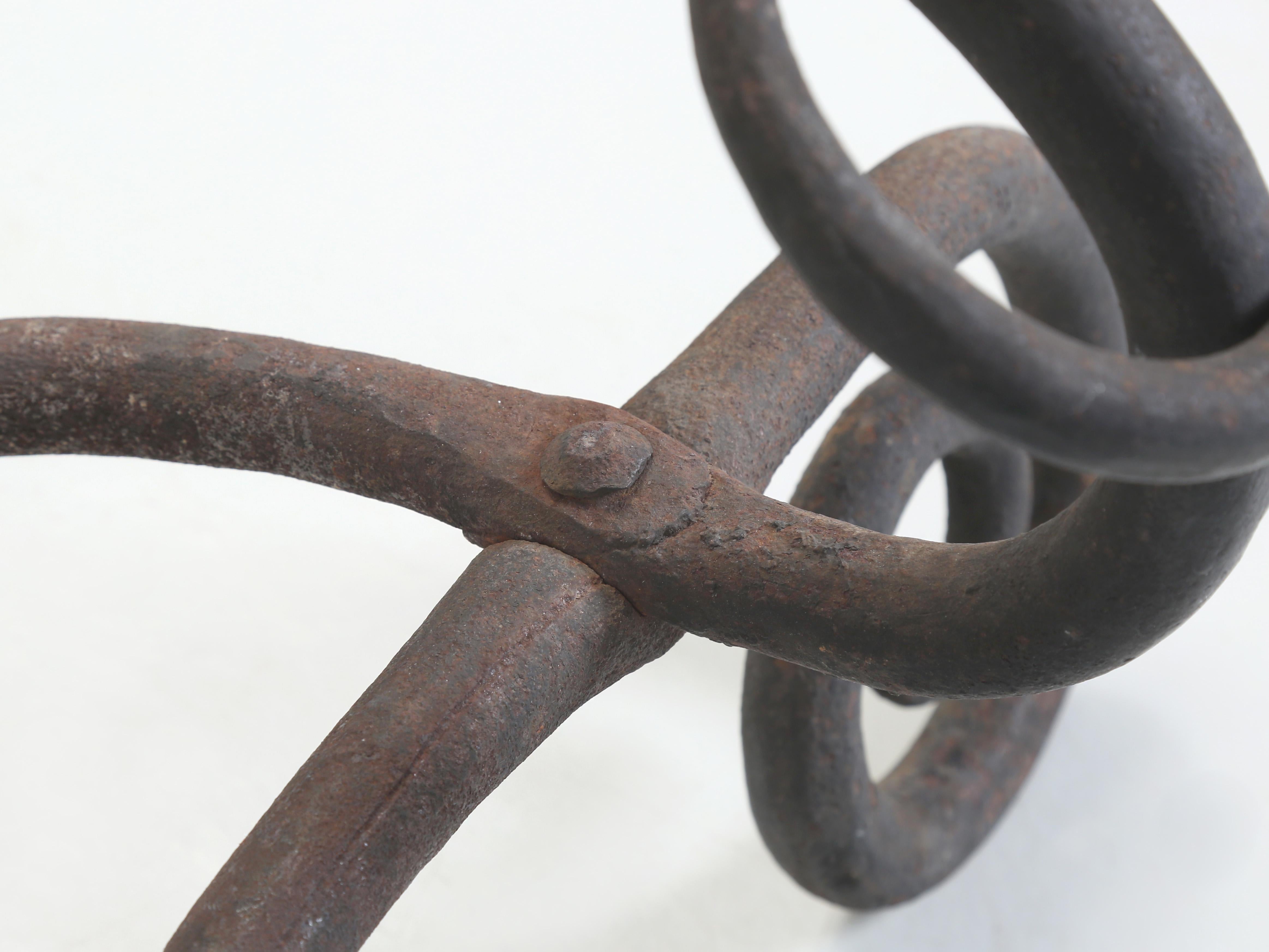 Wrought Iron Fireplace Andirons. Modernist Curled Form with Sphere Top c1940's For Sale 4