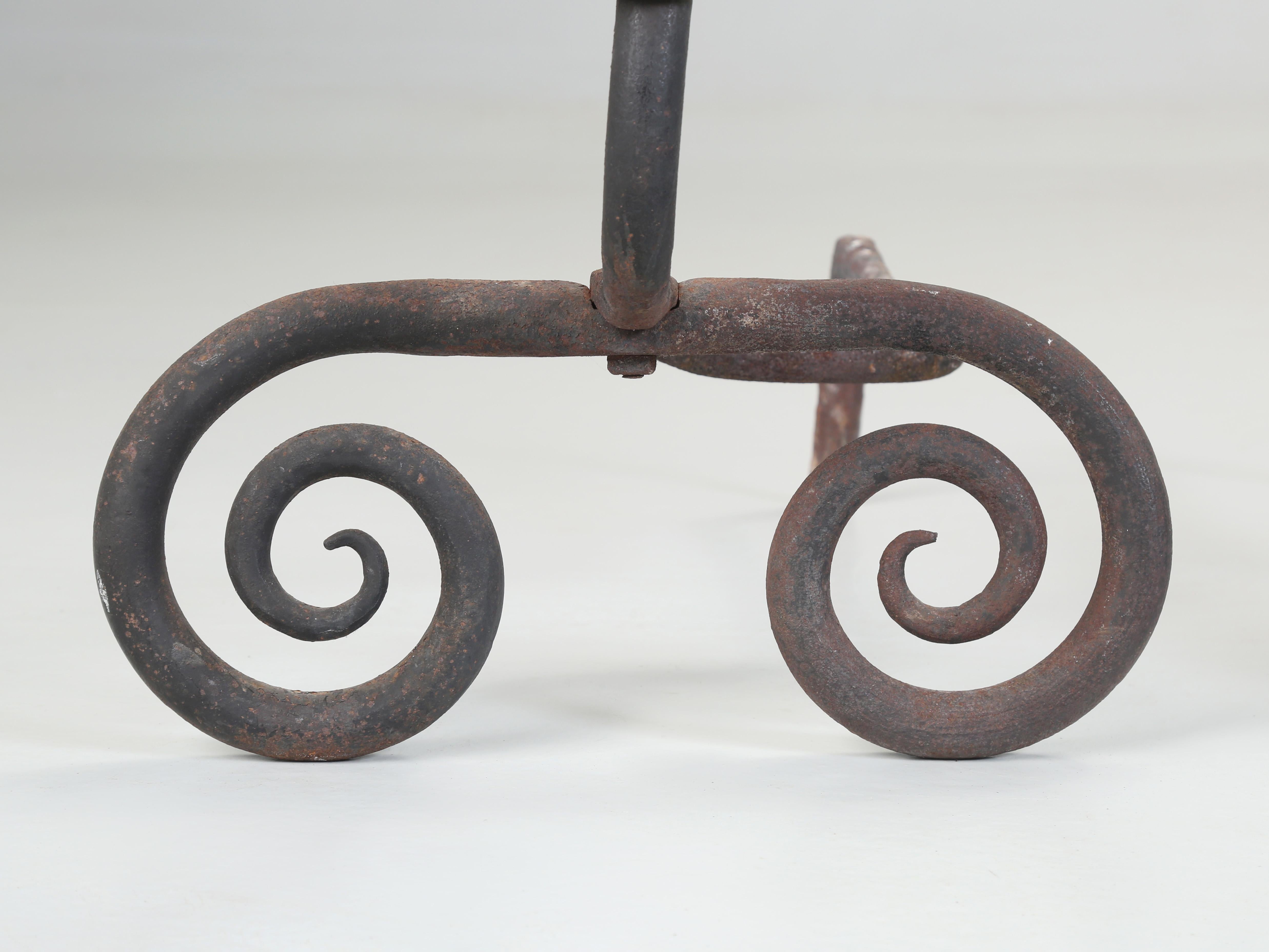 Wrought Iron Fireplace Andirons. Modernist Curled Form with Sphere Top c1940's For Sale 5