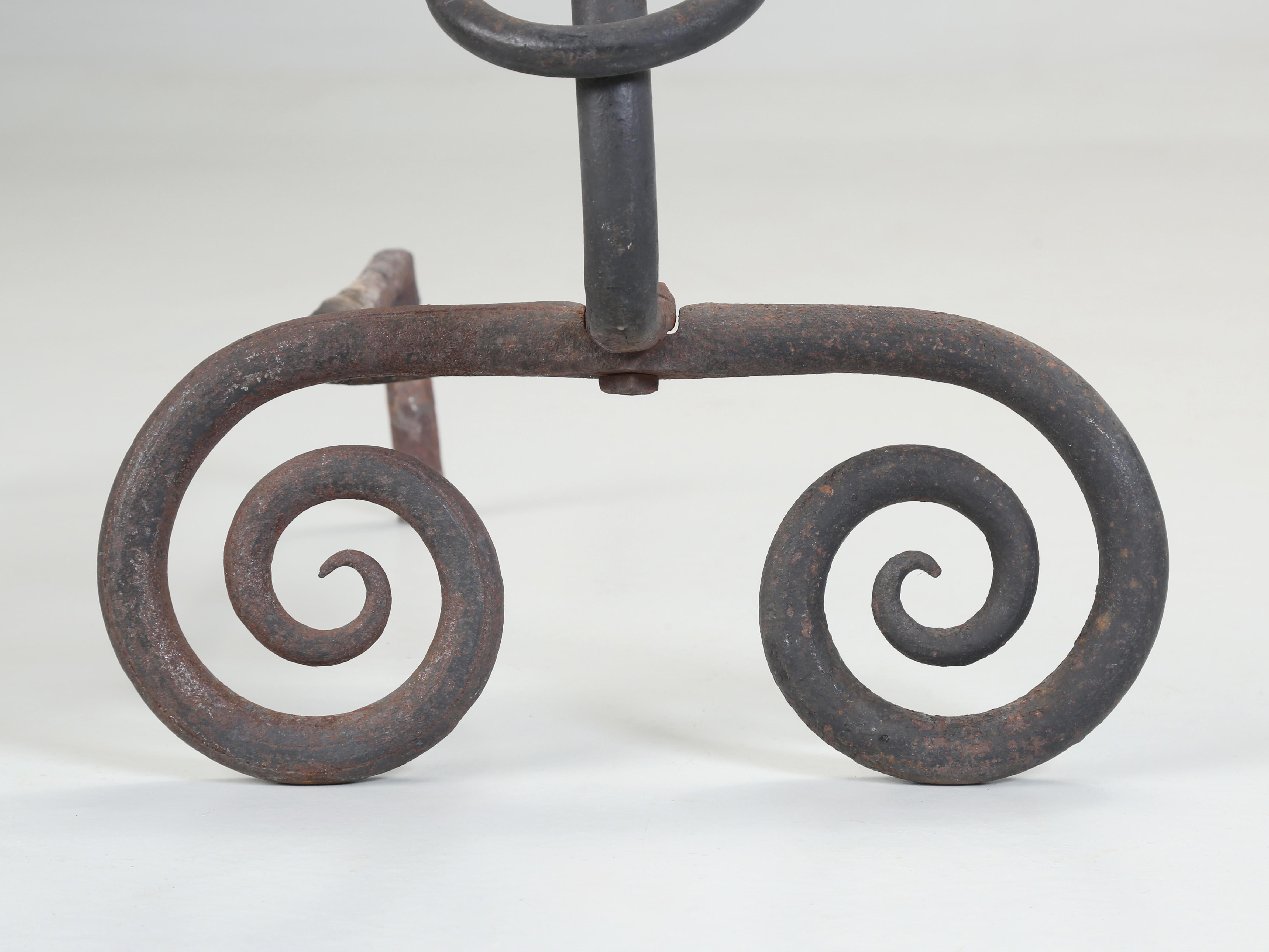 Wrought Iron Fireplace Andirons. Modernist Curled Form with Sphere Top c1940's For Sale 6