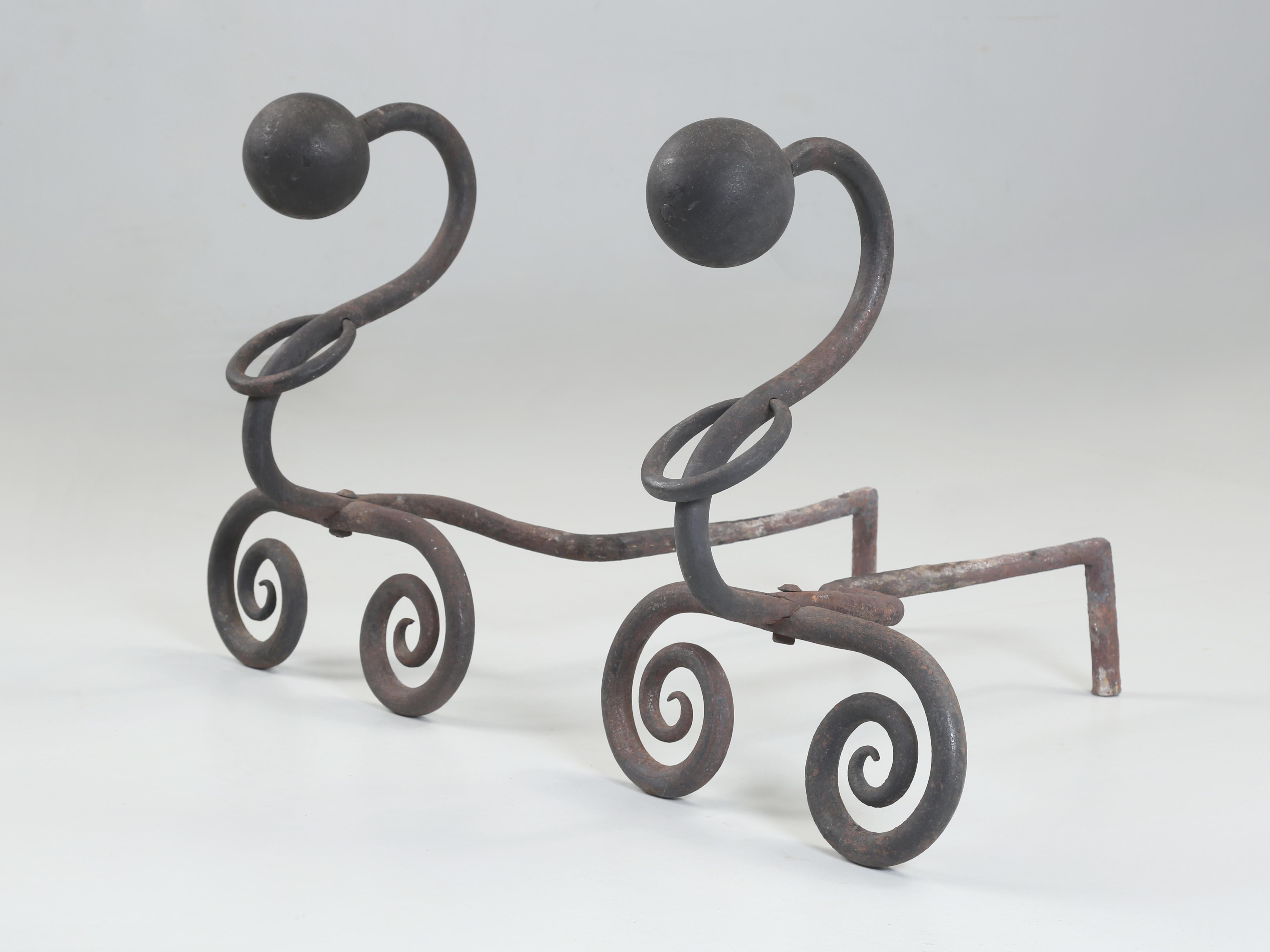 Mid-Century Modern Wrought Iron Fireplace Andirons. Modernist Curled Form with Sphere Top c1940's For Sale