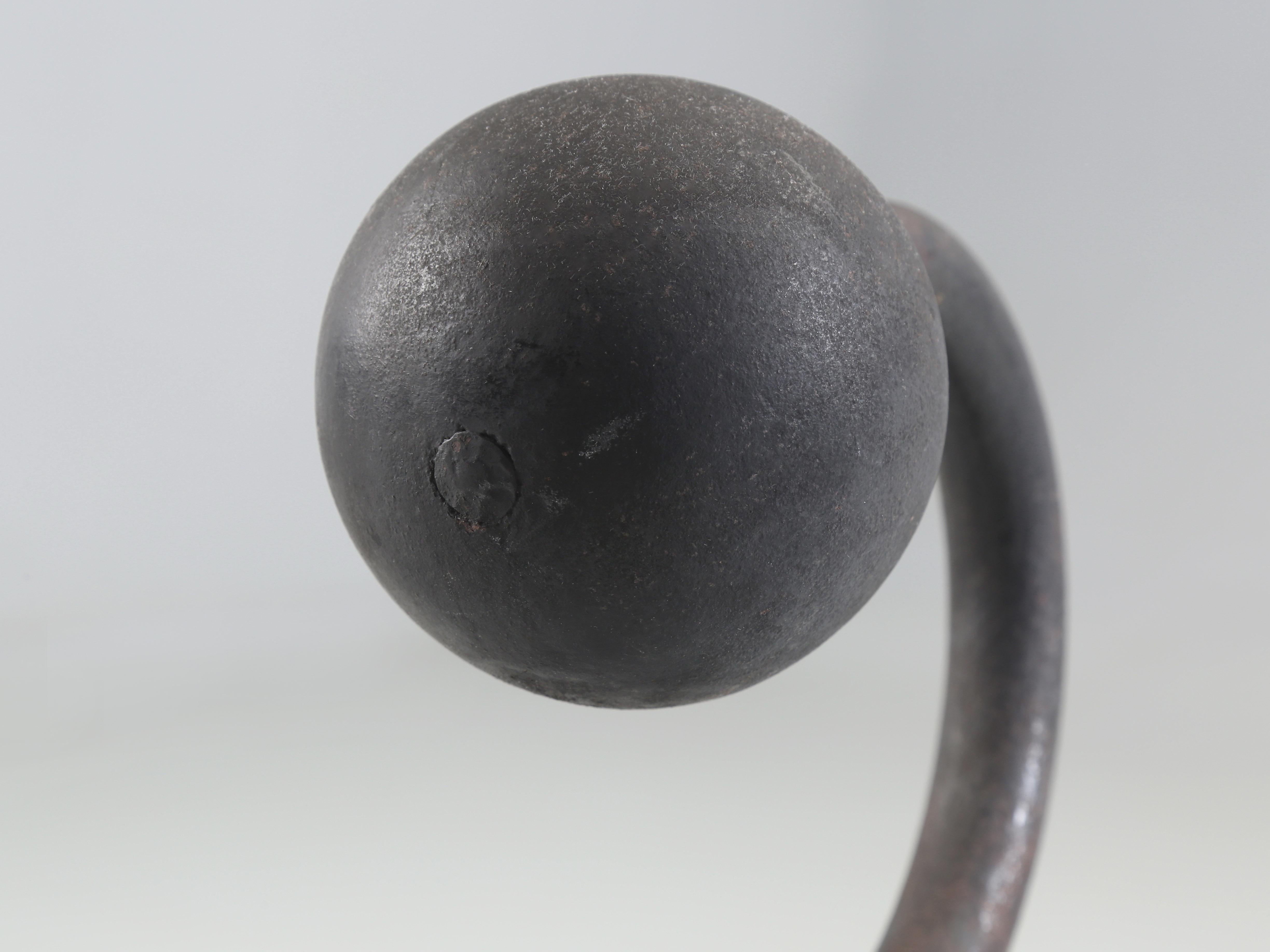 Forged Wrought Iron Fireplace Andirons. Modernist Curled Form with Sphere Top c1940's For Sale