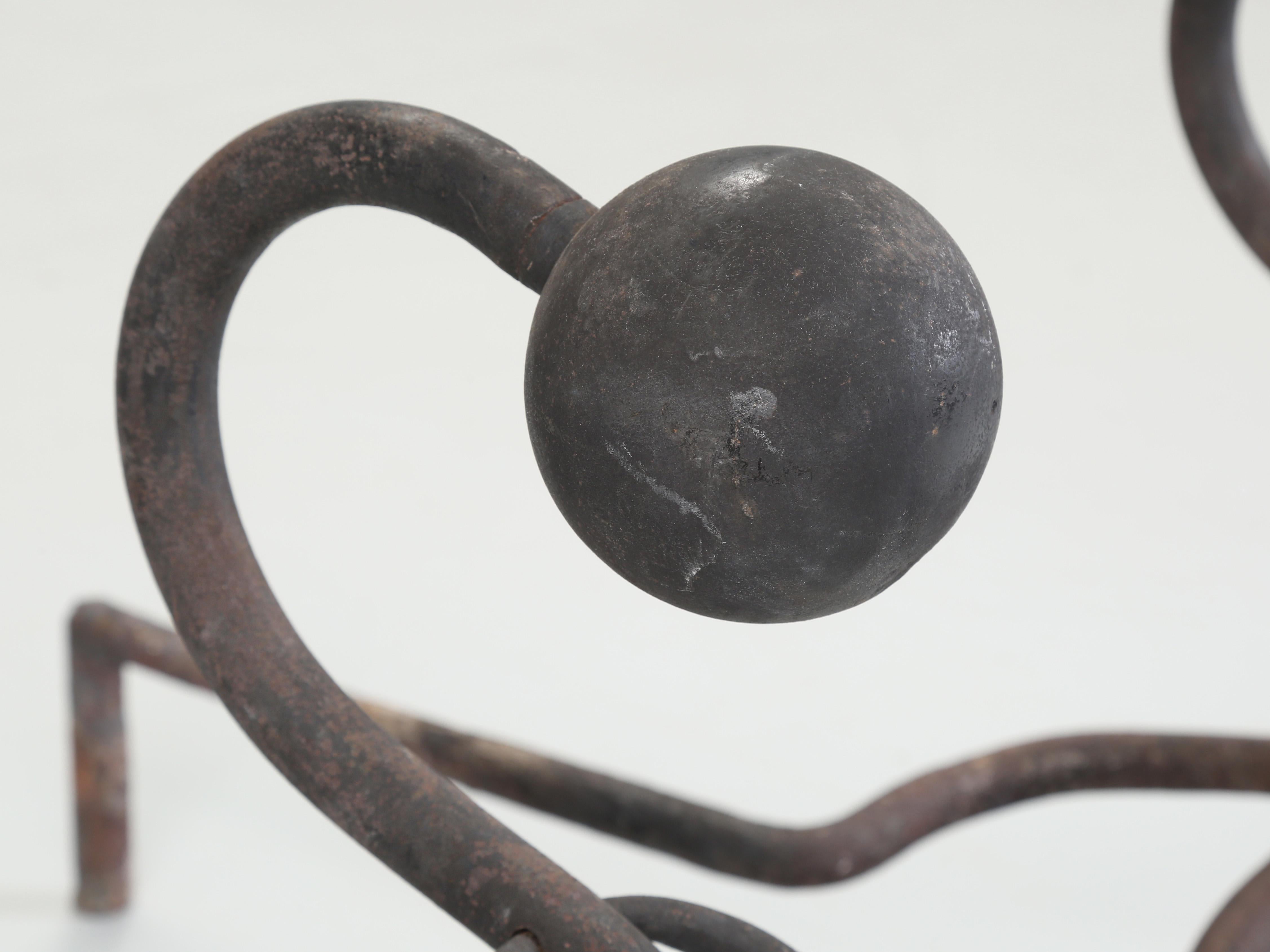 Wrought Iron Fireplace Andirons. Modernist Curled Form with Sphere Top c1940's For Sale 1