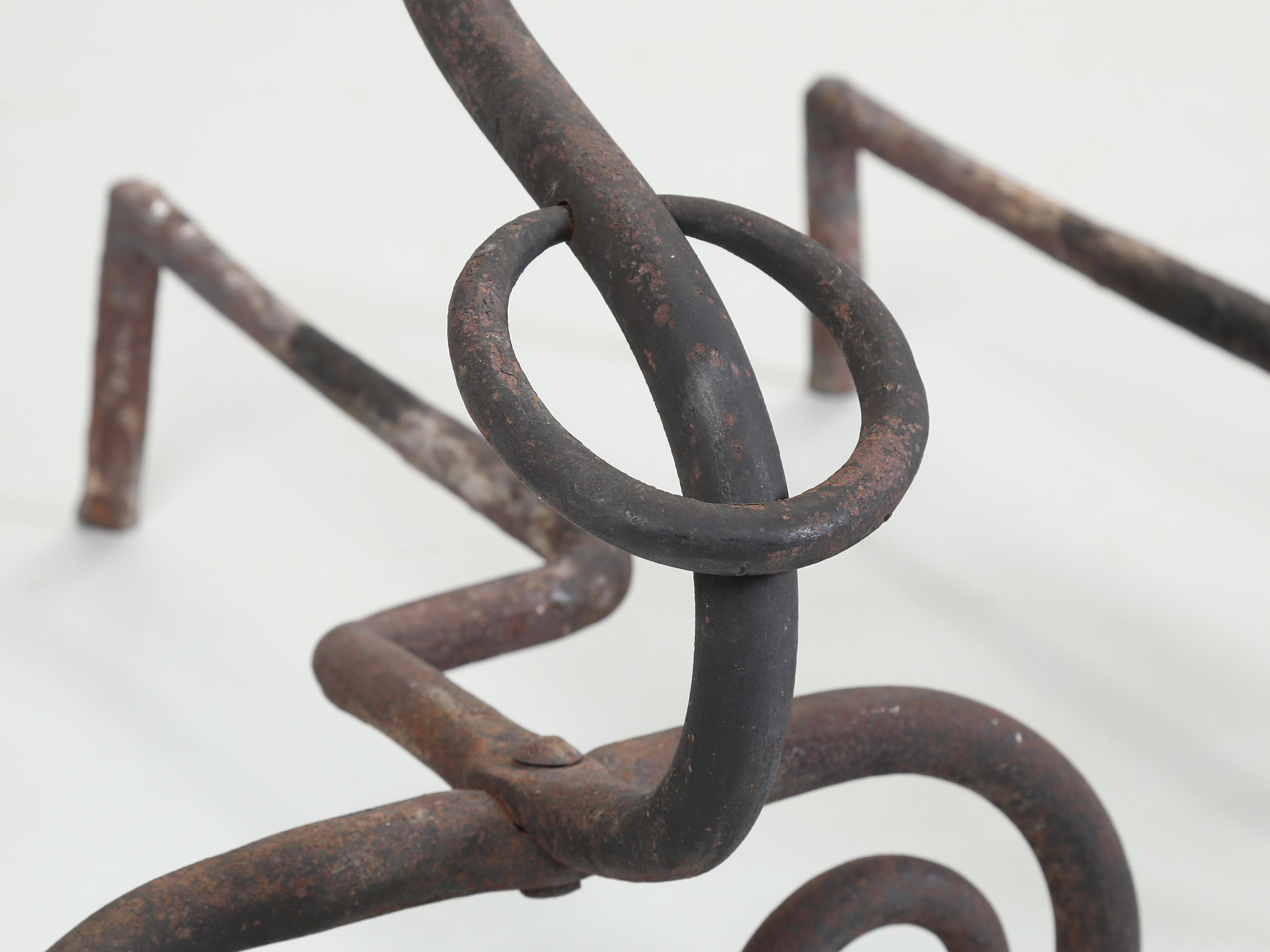 Wrought Iron Fireplace Andirons. Modernist Curled Form with Sphere Top c1940's For Sale 2
