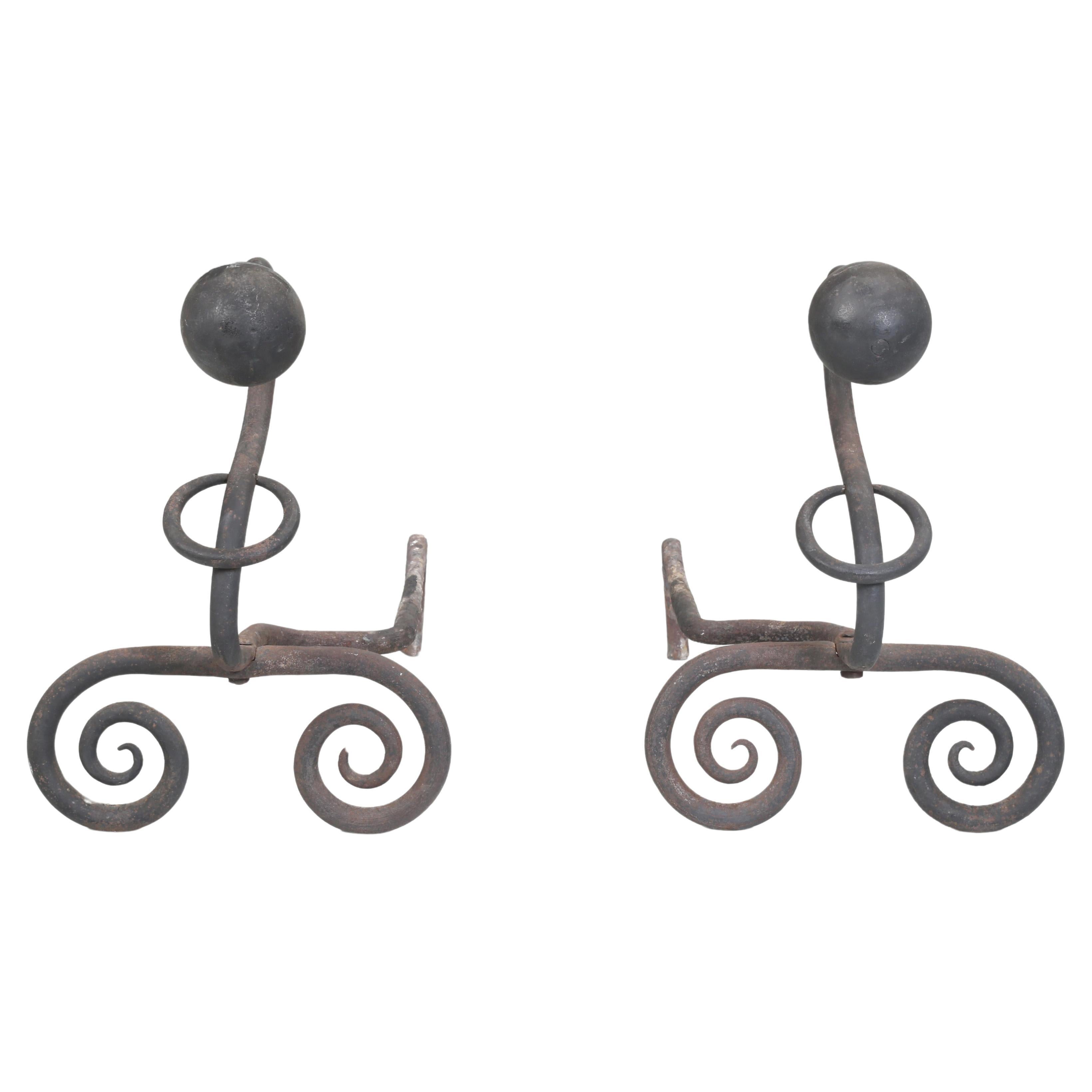 Wrought Iron Fireplace Andirons. Modernist Curled Form with Sphere Top c1940's For Sale