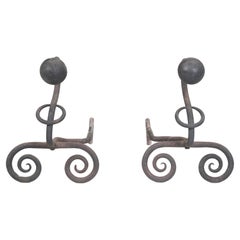 Vintage Wrought Iron Fireplace Andirons. Modernist Curled Form with Sphere Top c1940's