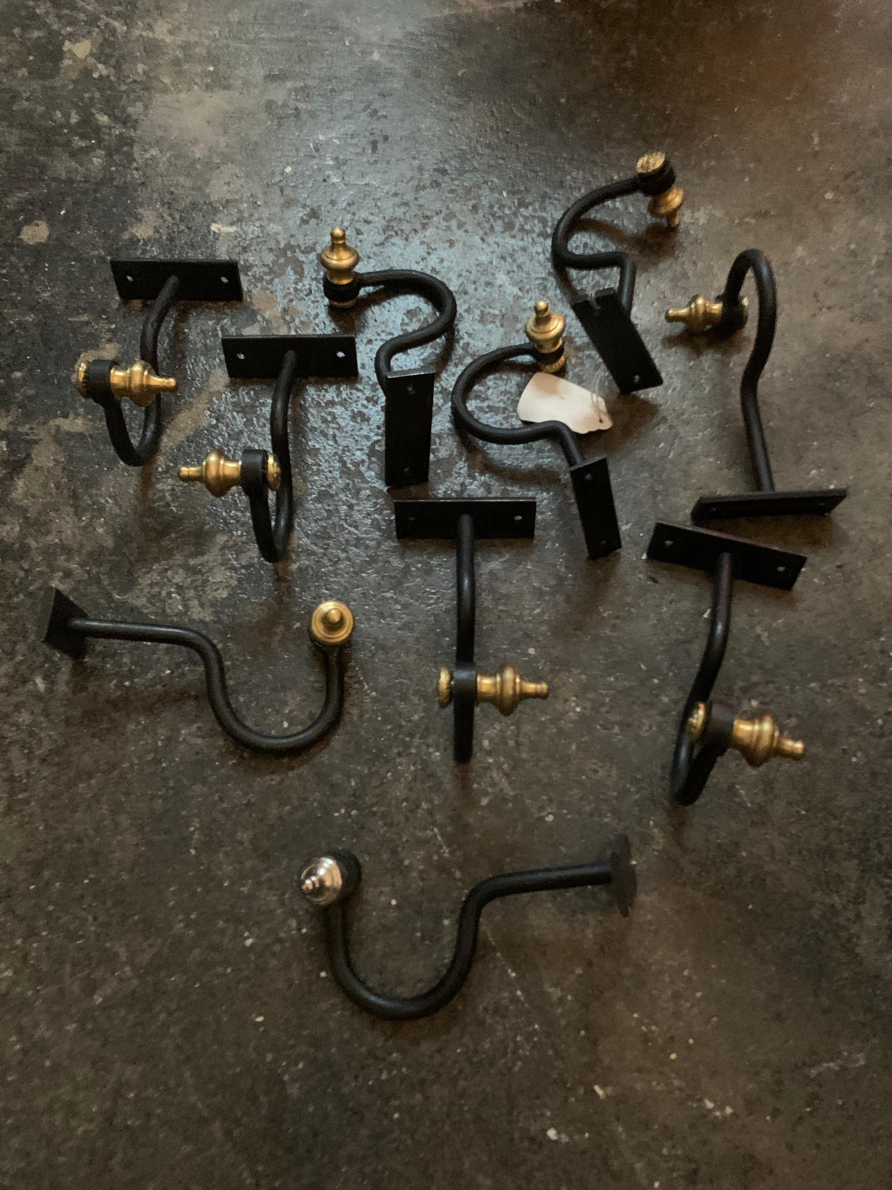 Wrought Iron Fireplace Jamb Hook, Brass, Steel, Industrial Mod, Wall Hook, Rack In Good Condition In Brooklyn, NY