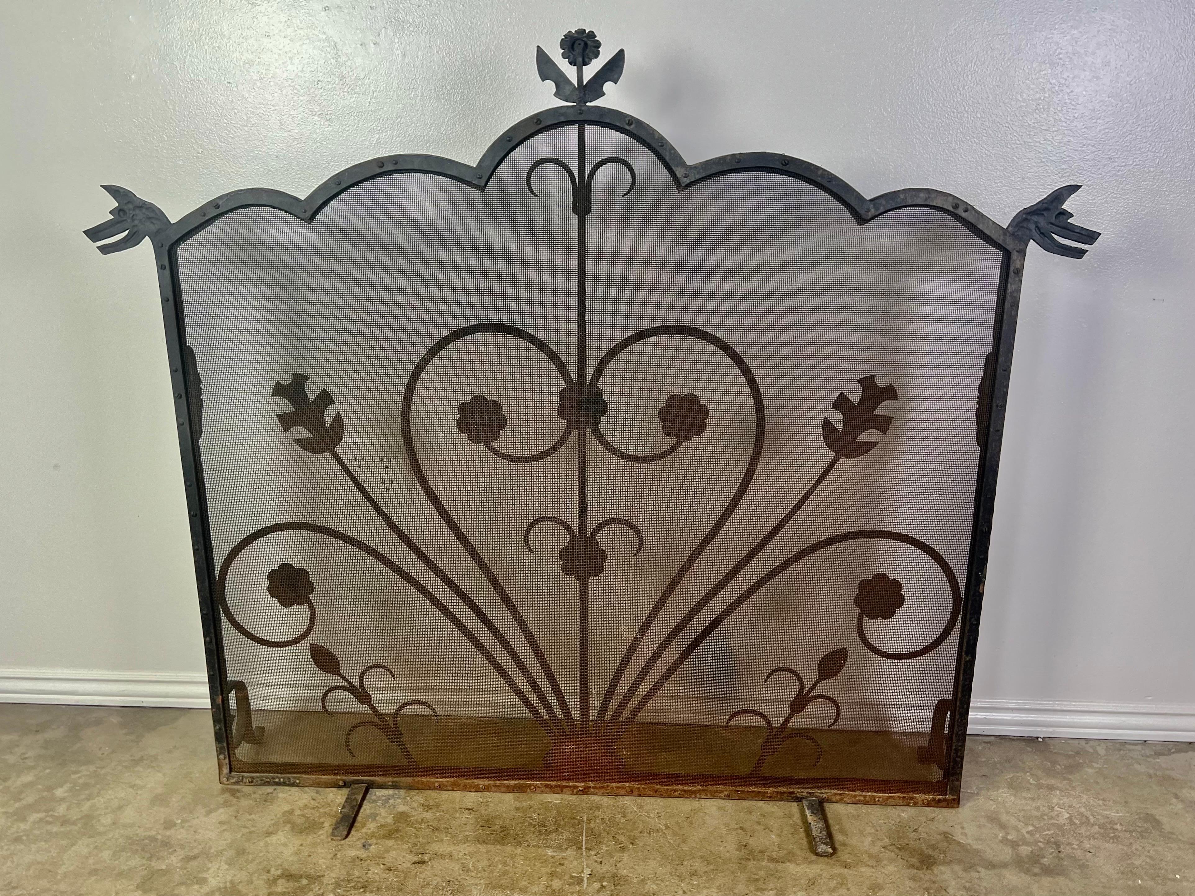 Wrought Iron Fireplace Screen w/ Cast Handles For Sale 4