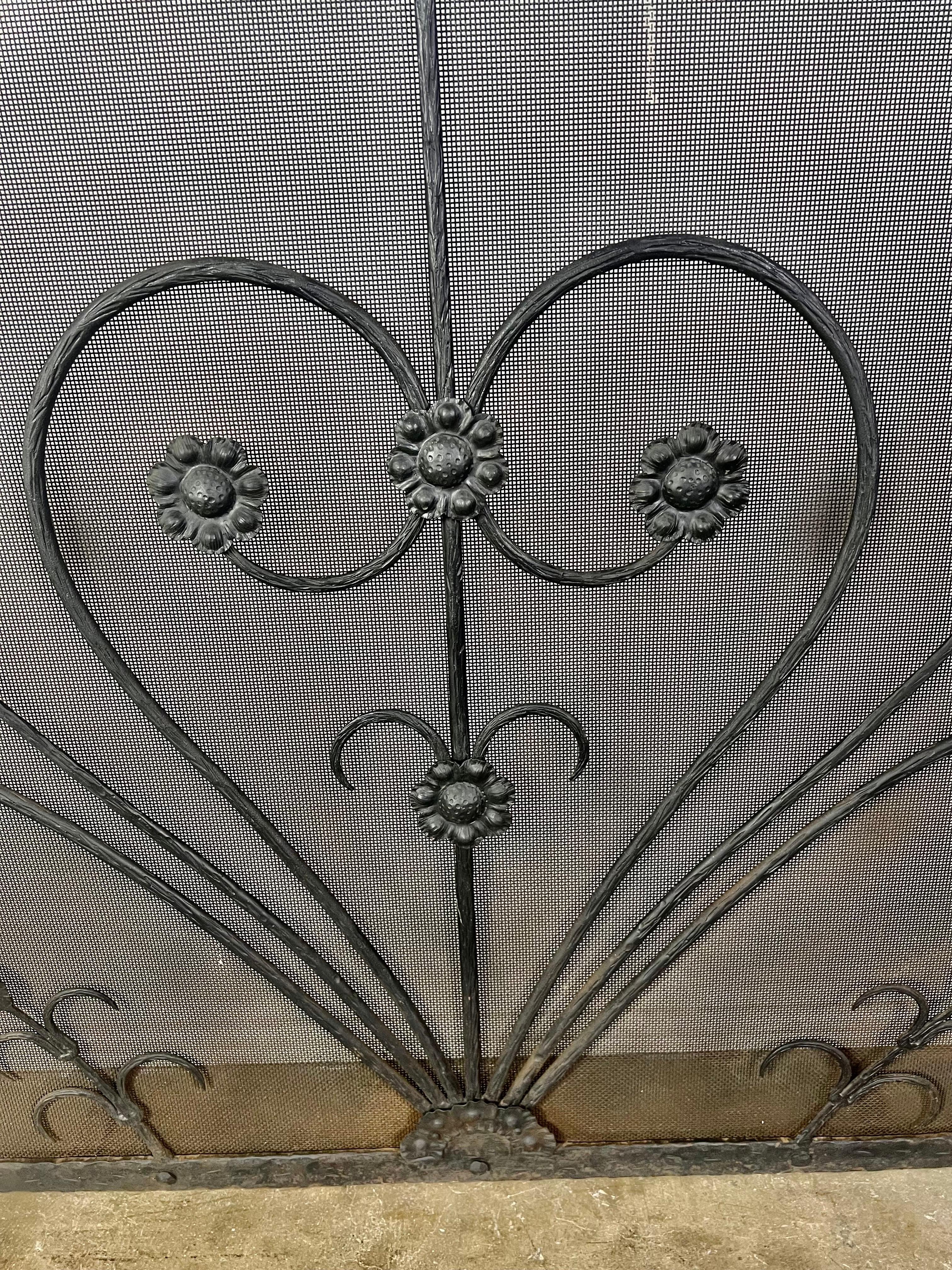 Baroque Wrought Iron Fireplace Screen w/ Cast Handles For Sale
