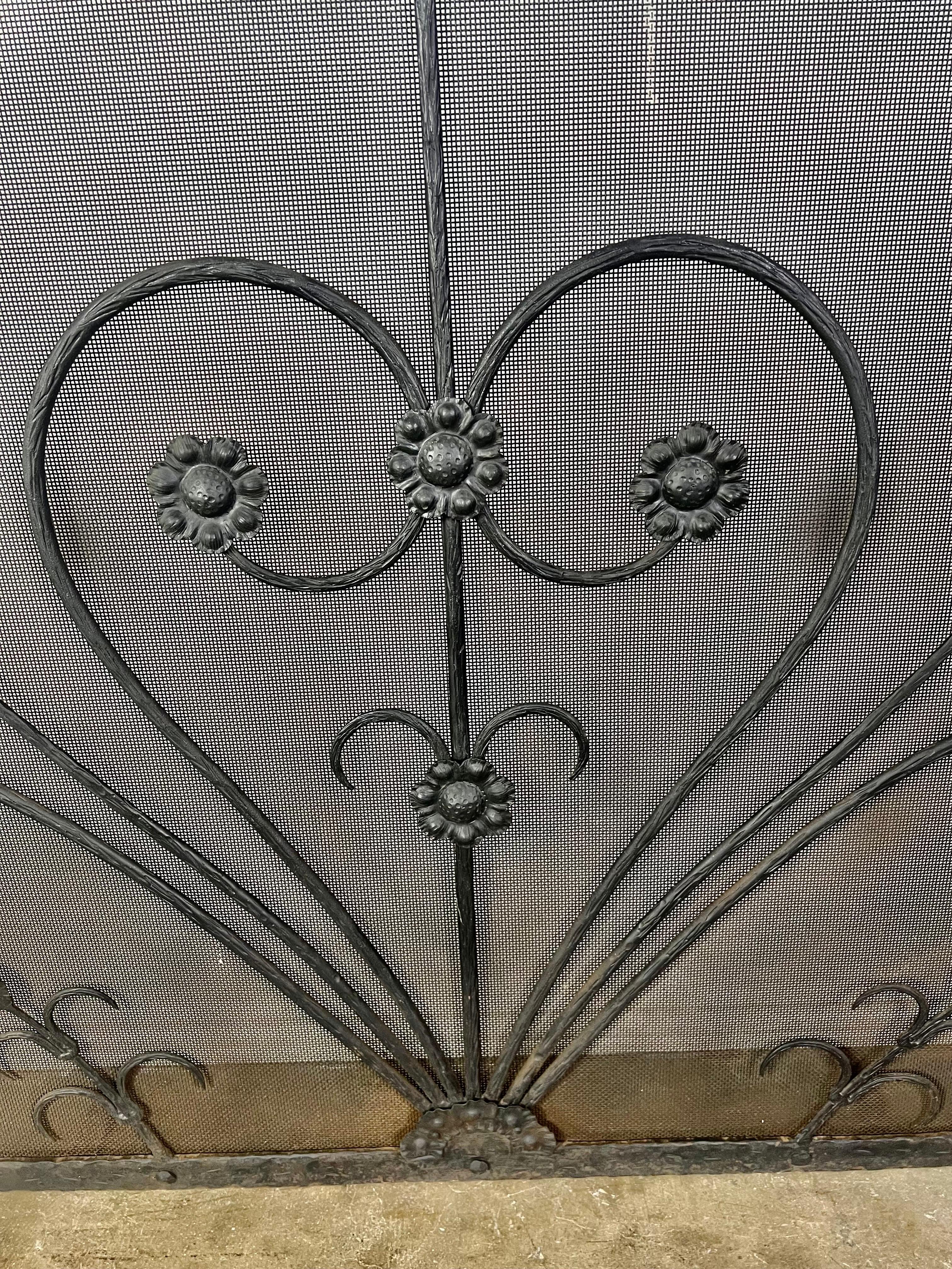 Baroque Wrought Iron Fireplace Screen w/ Cast Handles