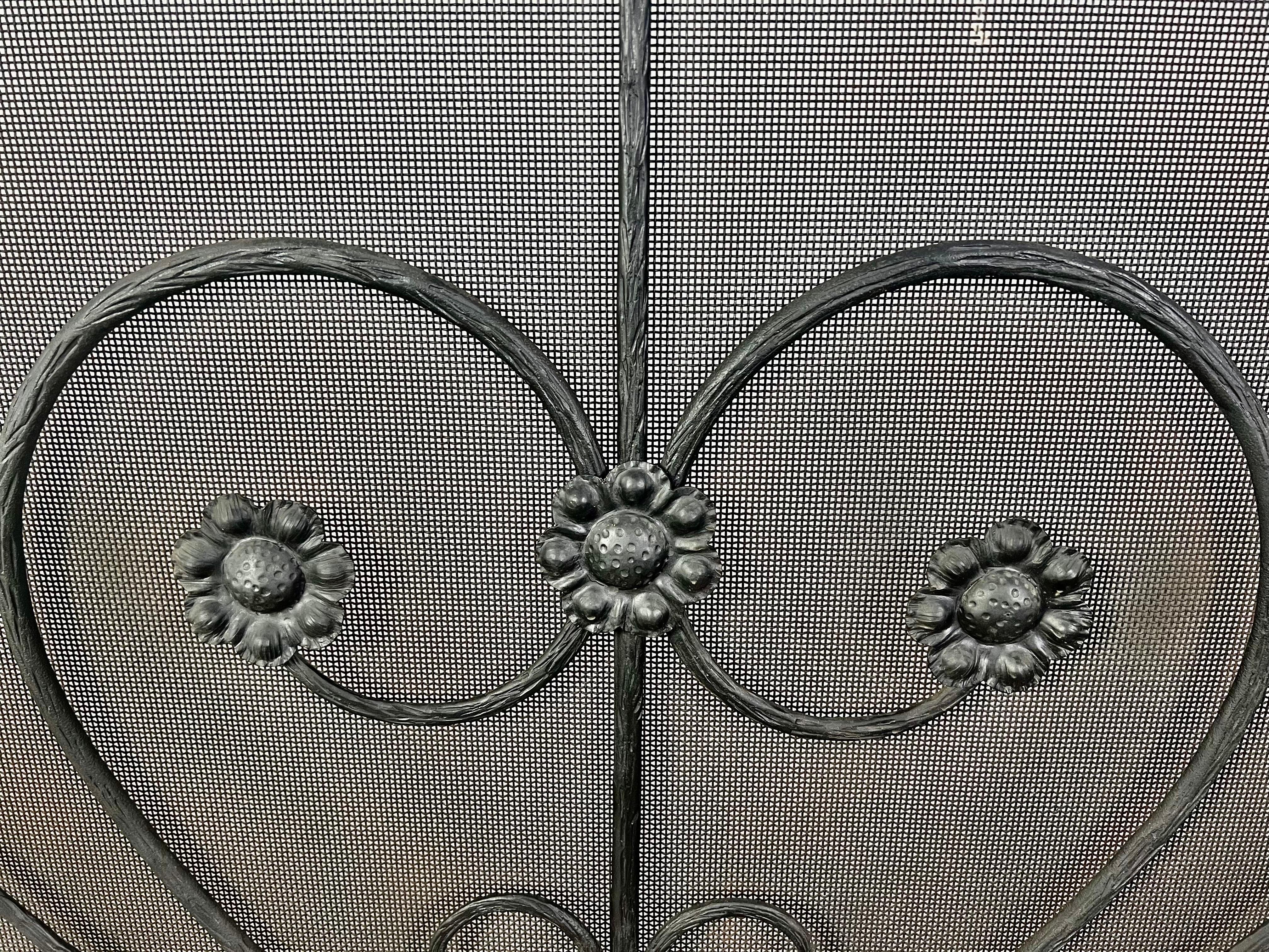 American Wrought Iron Fireplace Screen w/ Cast Handles For Sale