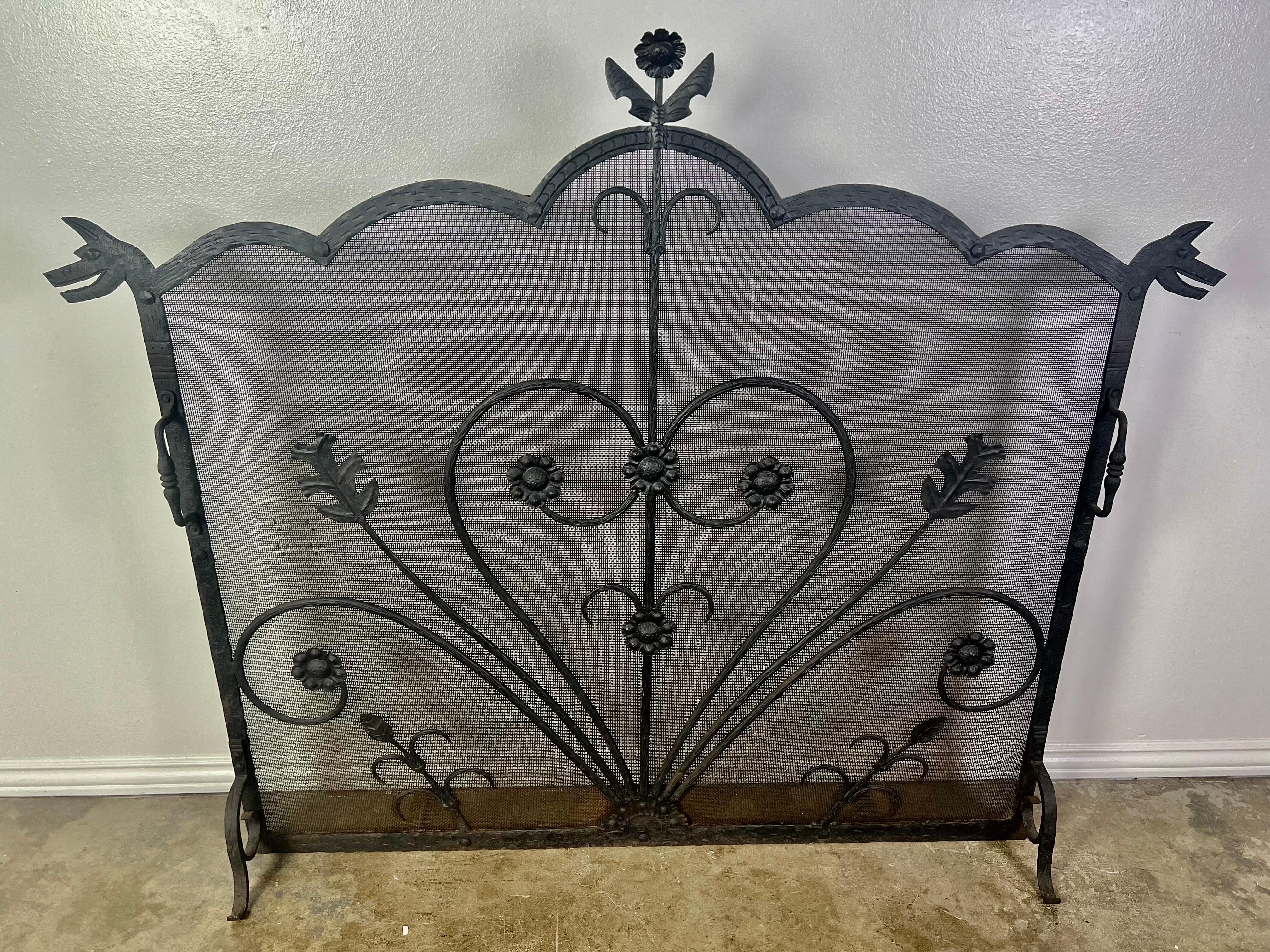 Wrought Iron Fireplace Screen w/ Cast Handles For Sale 1