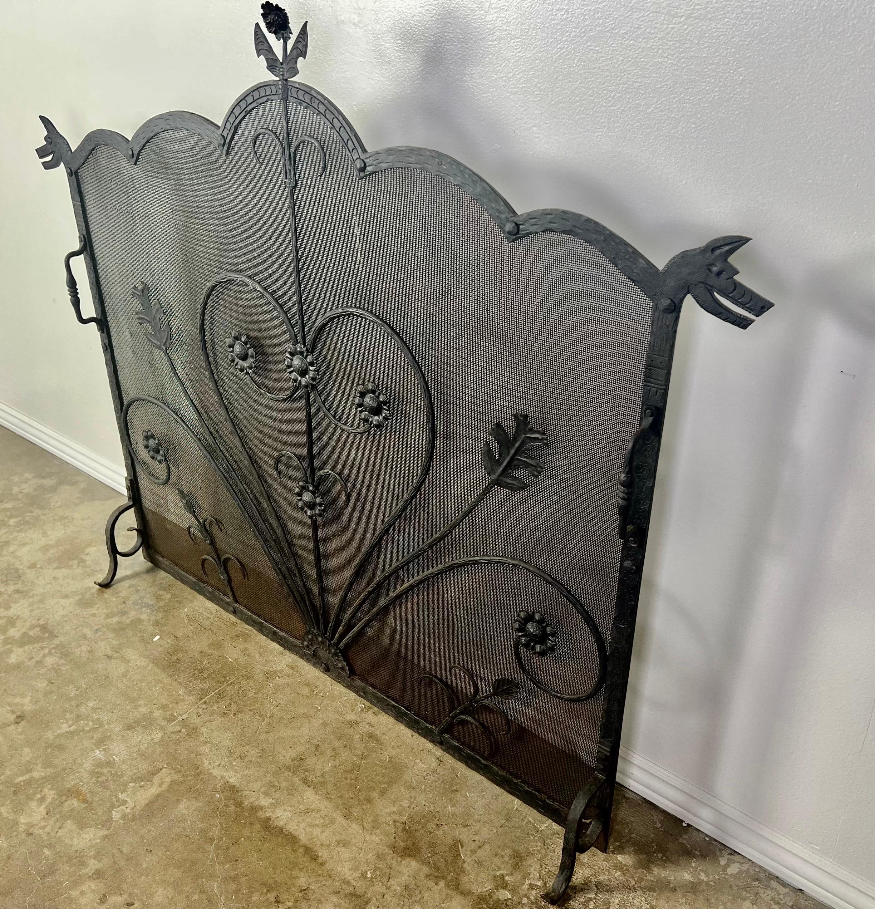 Wrought Iron Fireplace Screen w/ Cast Handles For Sale 2