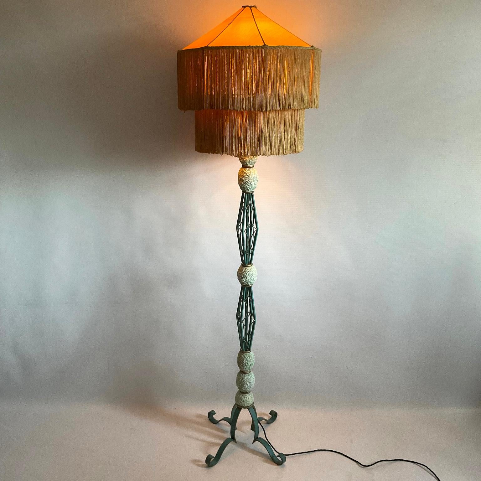 1940s French Wrought Iron Floor Lamp with Turquoise and Gold Enamel Finish  3