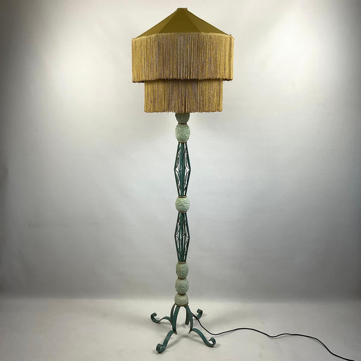 1940s French Wrought Iron Floor Lamp with Turquoise and Gold Enamel Finish  4