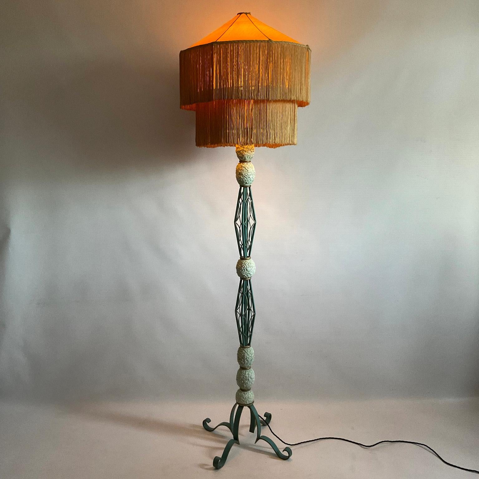 1940s French Wrought Iron Floor Lamp with Turquoise and Gold Enamel Finish  5