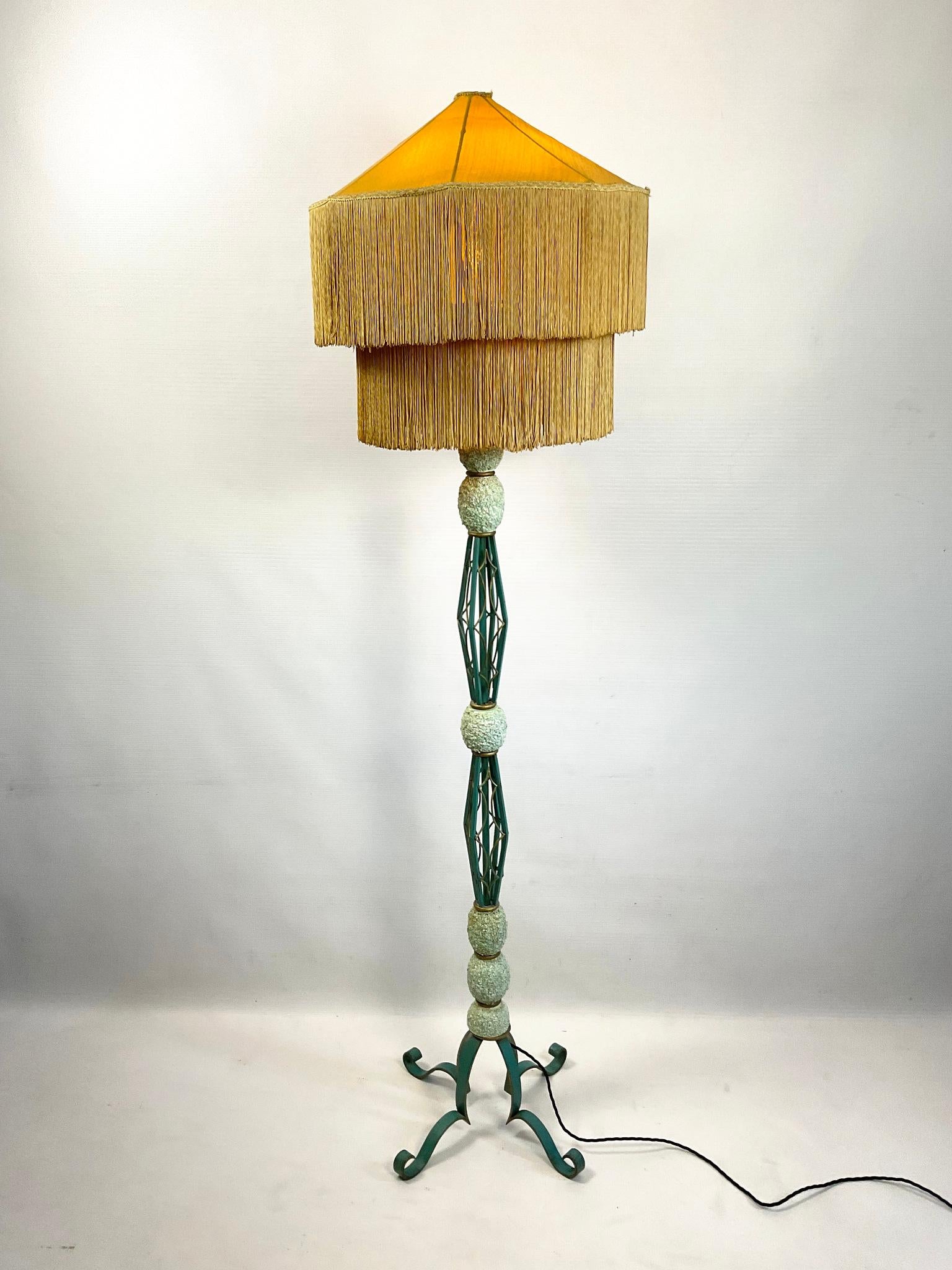 Bohemian 1940s French Wrought Iron Floor Lamp with Turquoise and Gold Enamel Finish 
