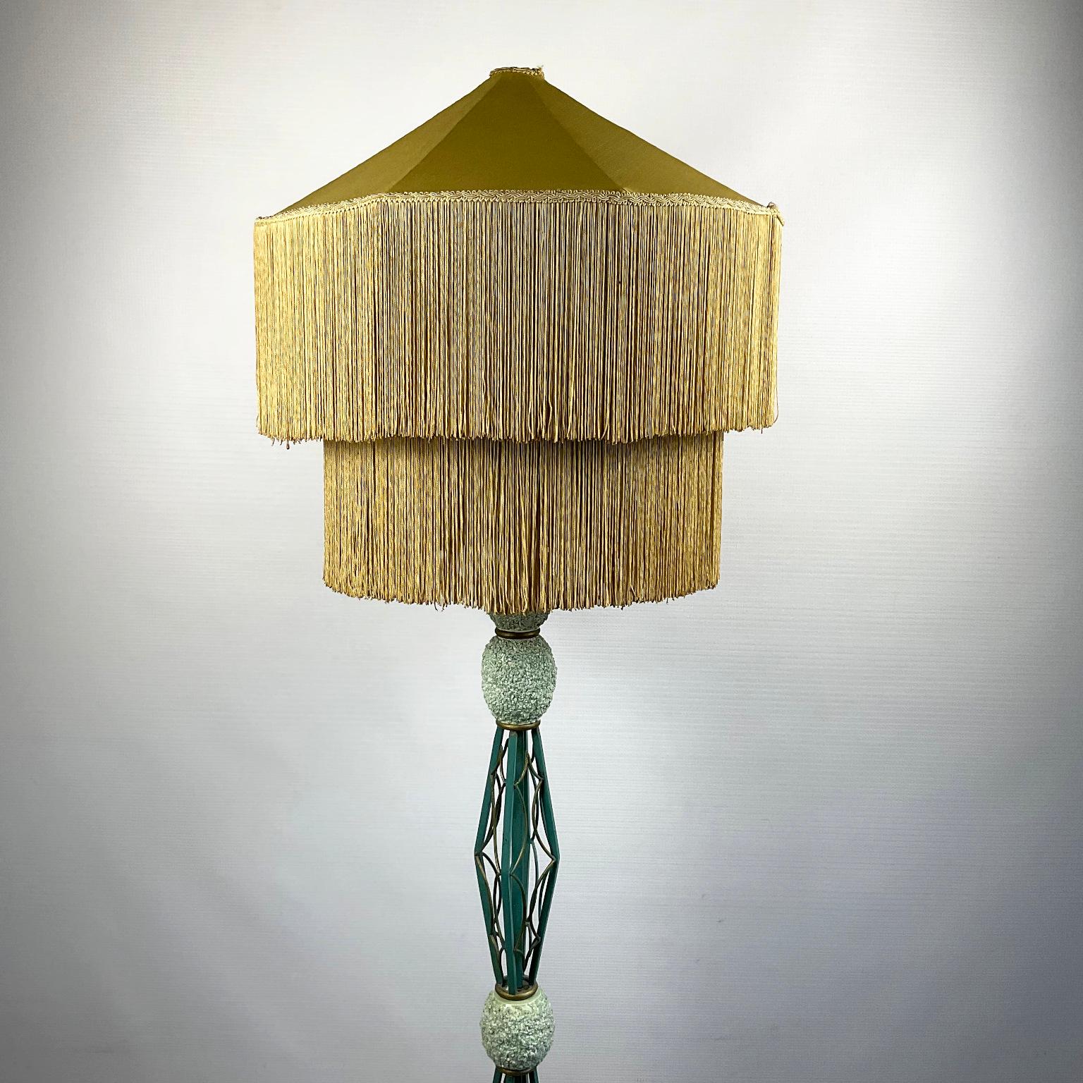 Cold-Painted 1940s French Wrought Iron Floor Lamp with Turquoise and Gold Enamel Finish 