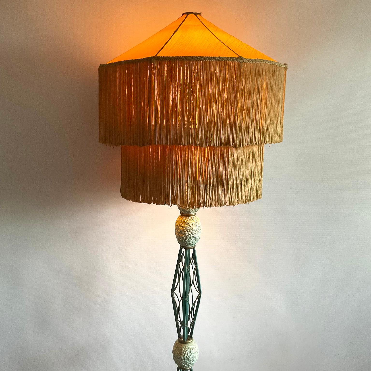 1940s French Wrought Iron Floor Lamp with Turquoise and Gold Enamel Finish  In Good Condition In London, GB