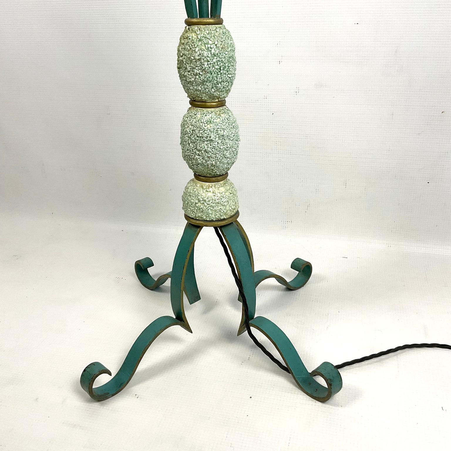 Ceramic 1940s French Wrought Iron Floor Lamp with Turquoise and Gold Enamel Finish 