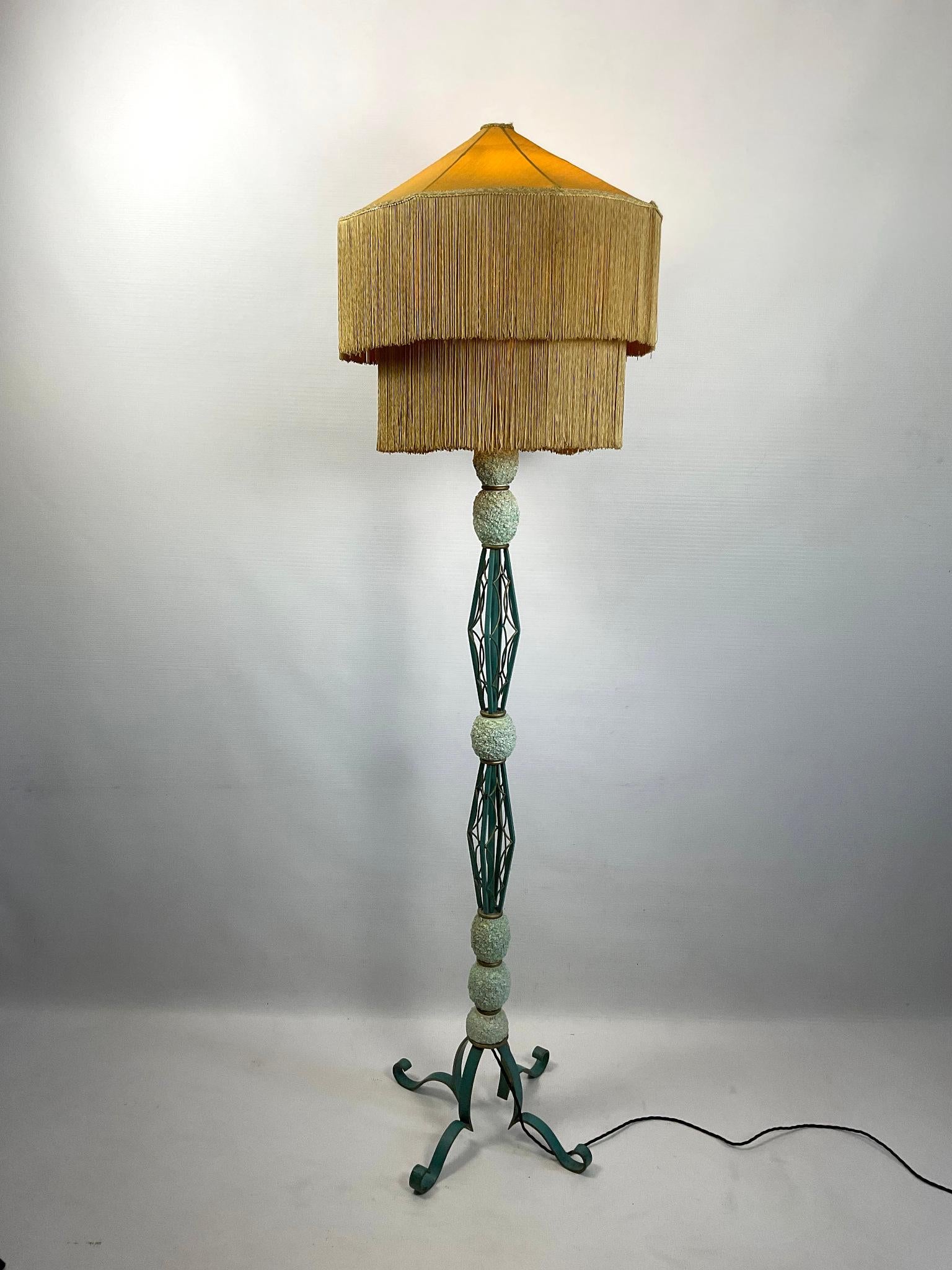 1940s French Wrought Iron Floor Lamp with Turquoise and Gold Enamel Finish  2