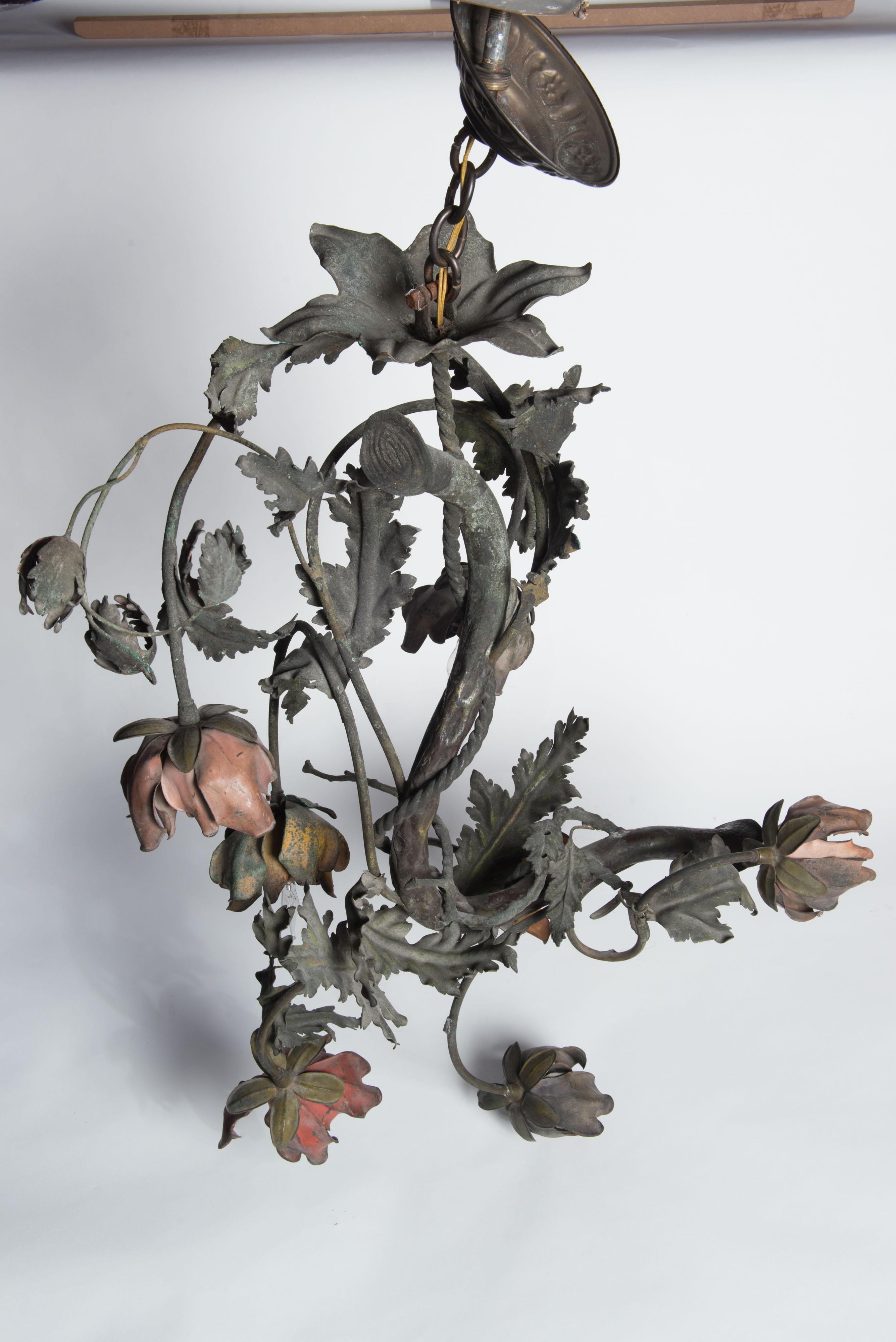 Arts and Crafts Wrought Iron Floral Vine Chandelier For Sale
