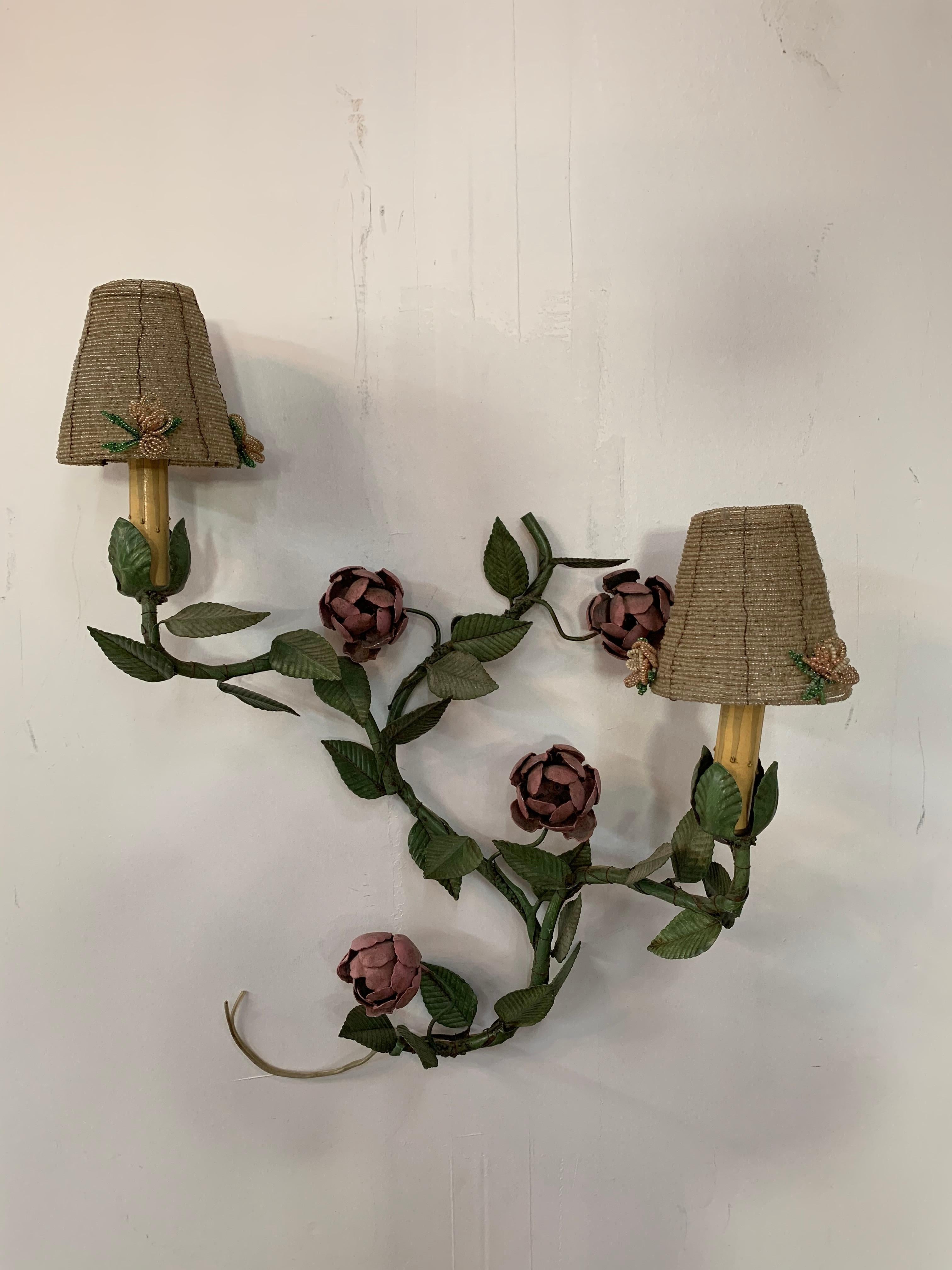 Modern Wrought Iron Floral Wall Sconce with Beaded Shades, a Pair