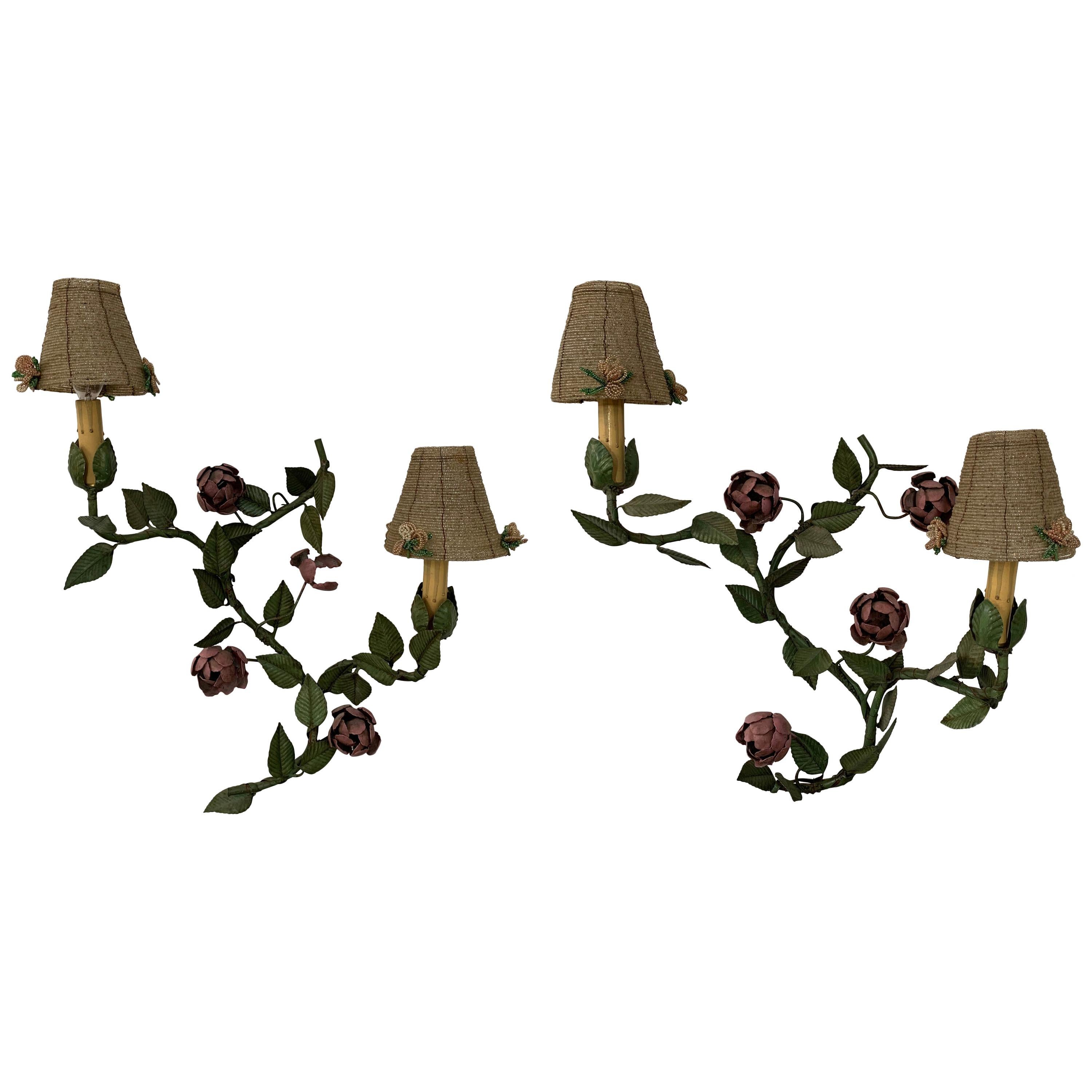 Wrought Iron Floral Wall Sconce with Beaded Shades, a Pair