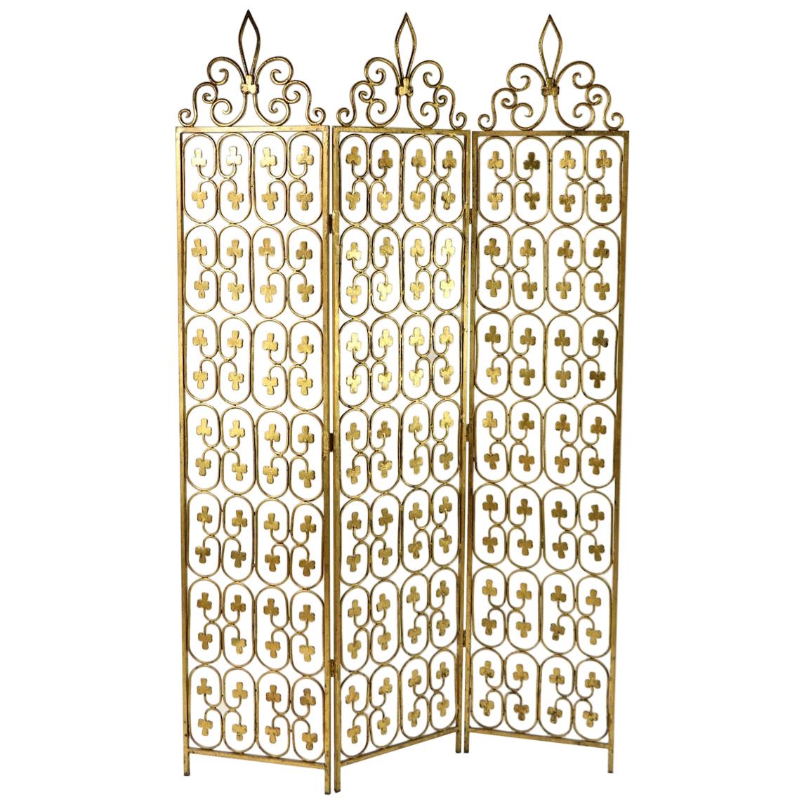 Wrought Iron Folding Screen in Gilt Finish For Sale at 1stdibs