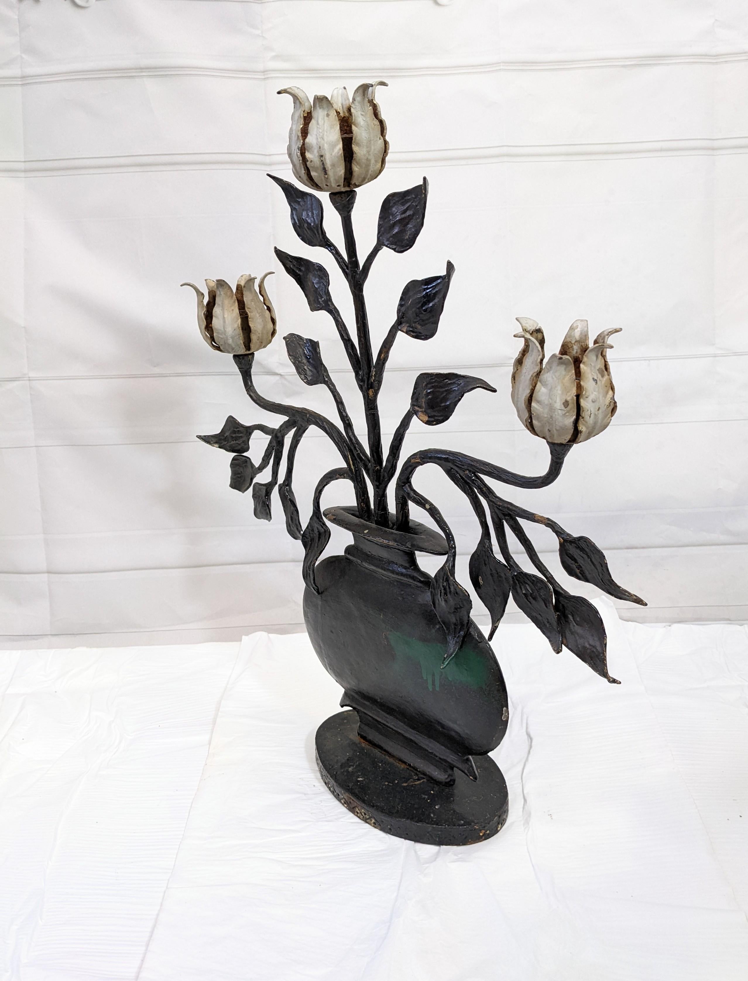 Arts and Crafts Wrought Iron Folk Art Tulip Candleabra For Sale