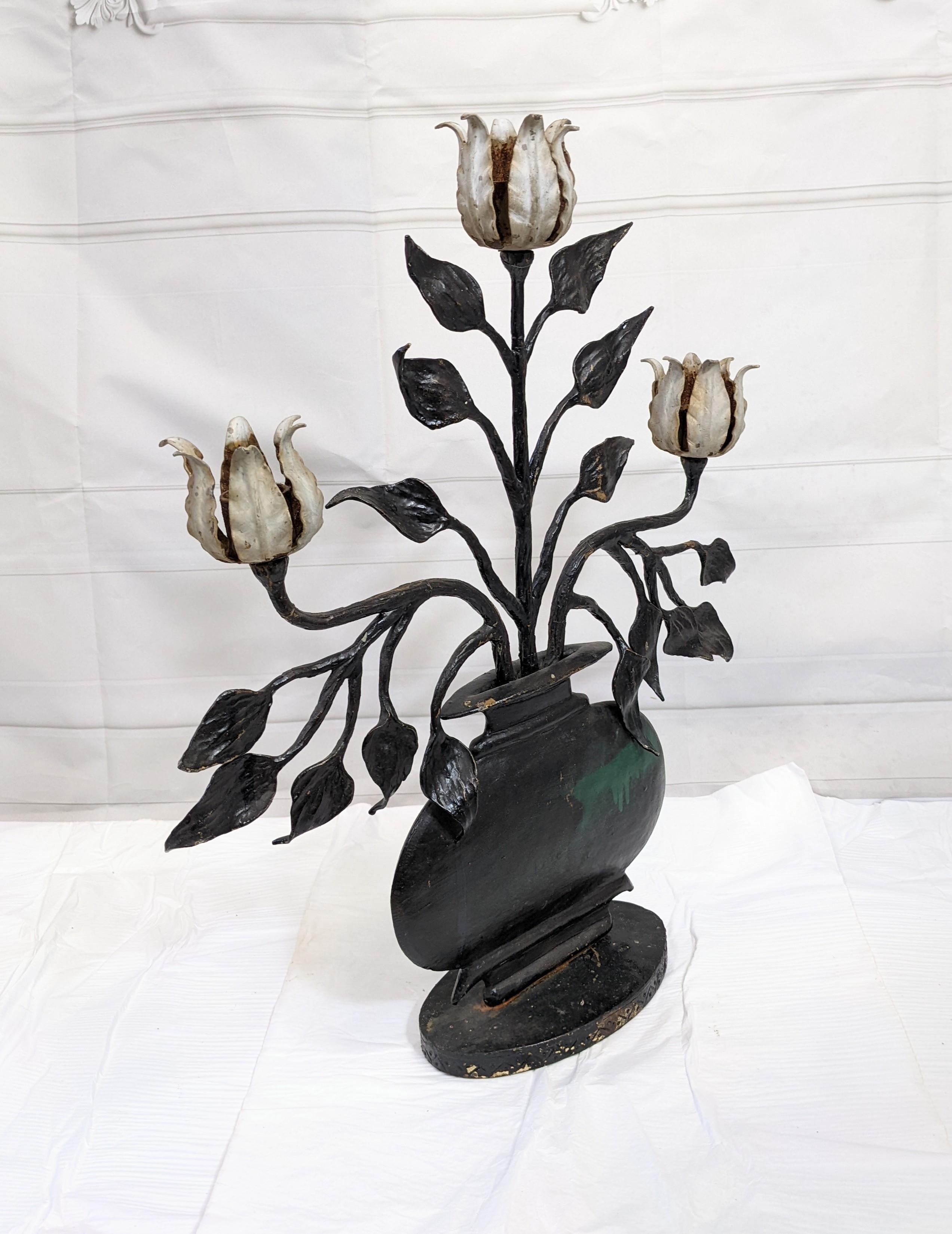 American Wrought Iron Folk Art Tulip Candleabra For Sale