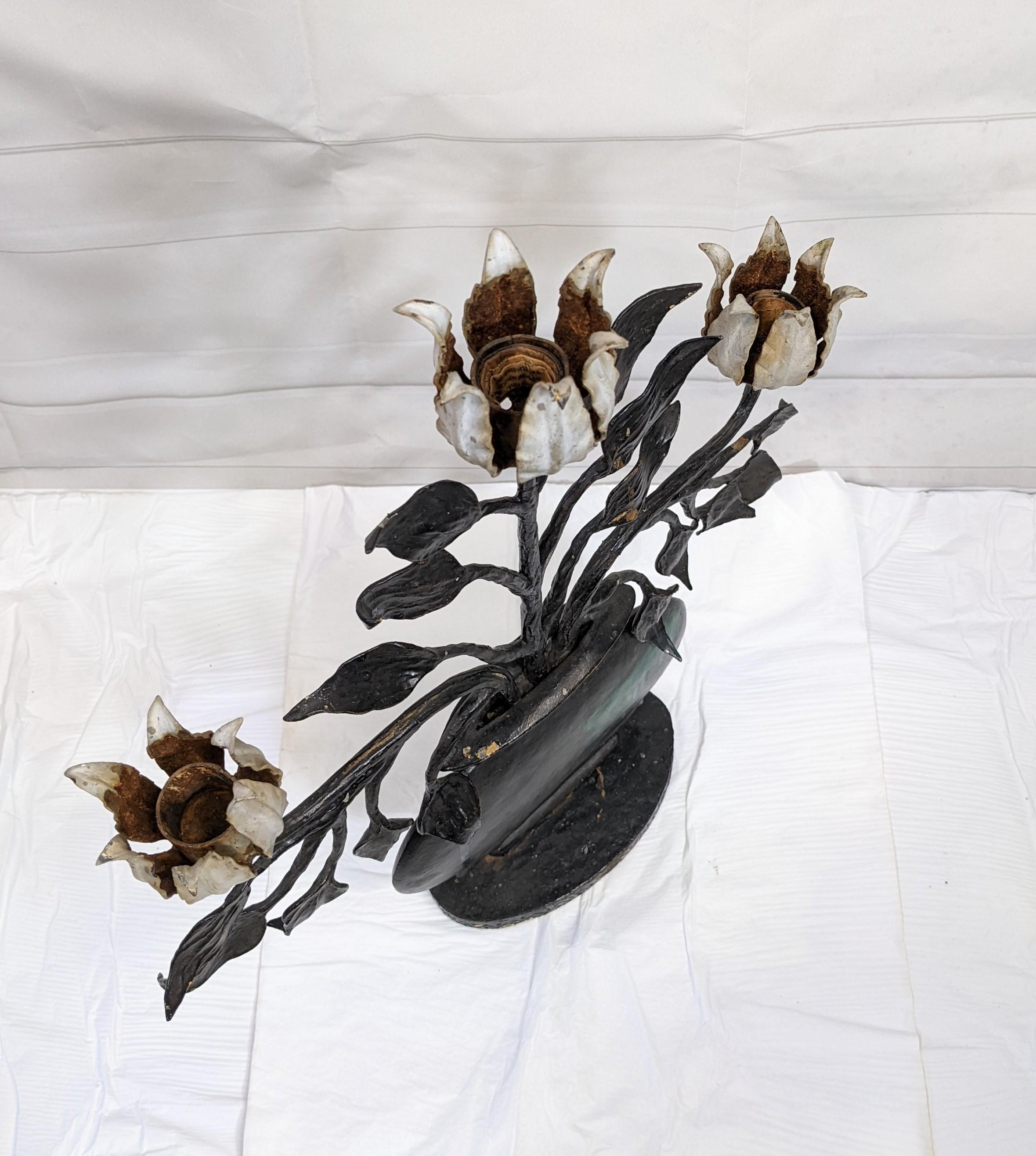 Mid-20th Century Wrought Iron Folk Art Tulip Candleabra For Sale