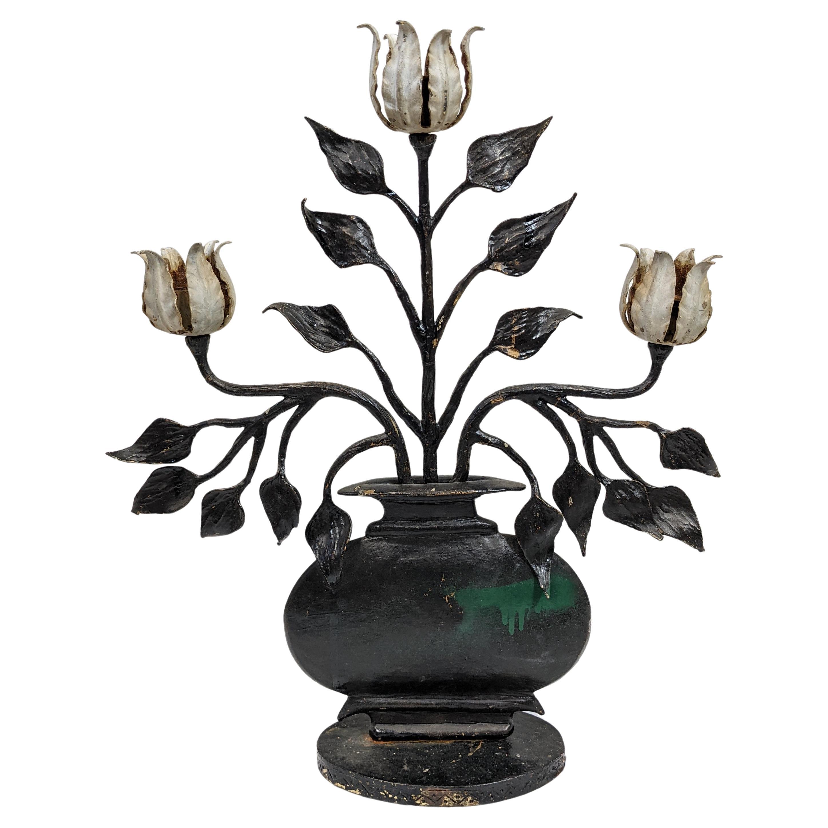 Wrought Iron Folk Art Tulip Candleabra For Sale