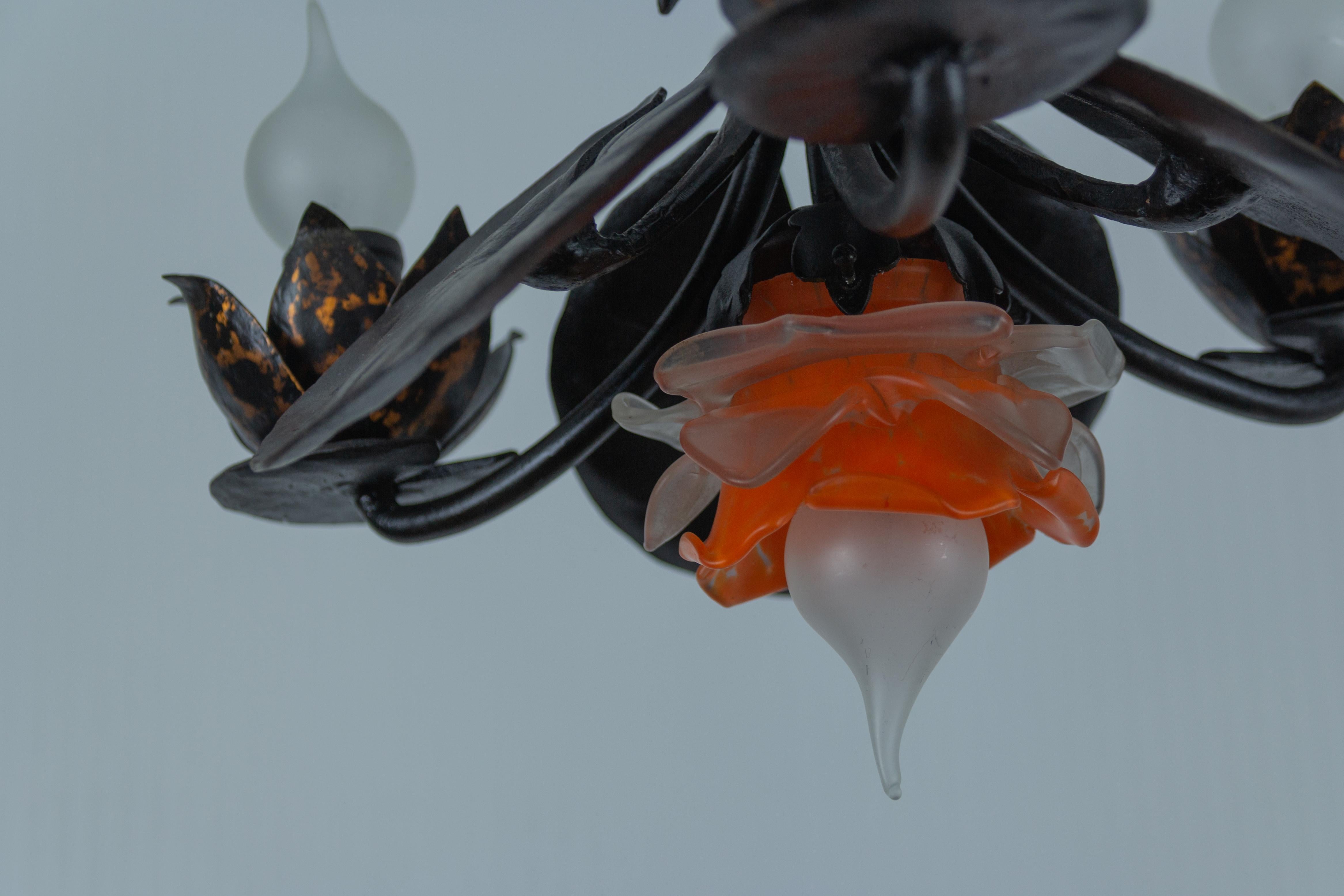 Wrought Iron Four-Light Water Lily Chandelier with Orange Glass Lampshade For Sale 7
