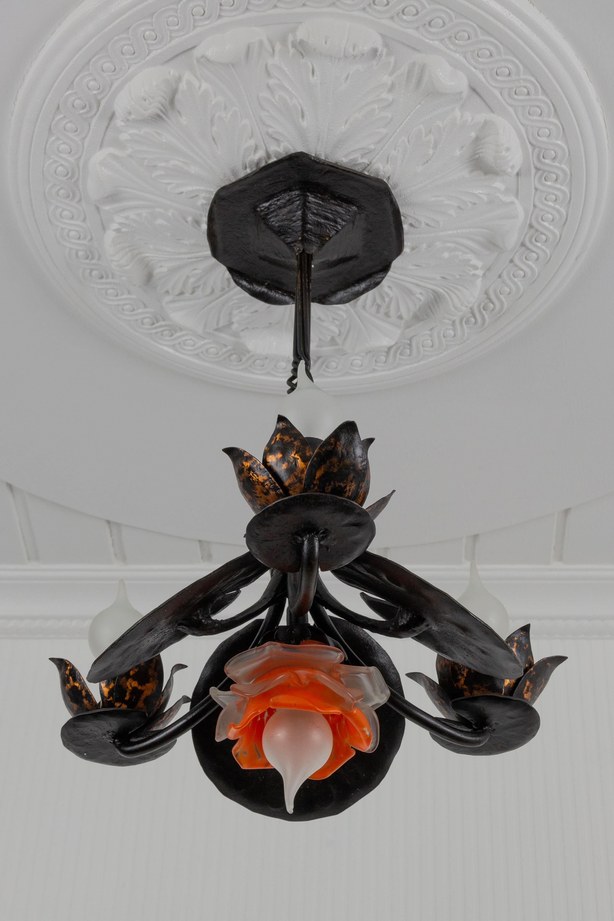 Art Nouveau Wrought Iron Four-Light Water Lily Chandelier with Orange Glass Lampshade For Sale