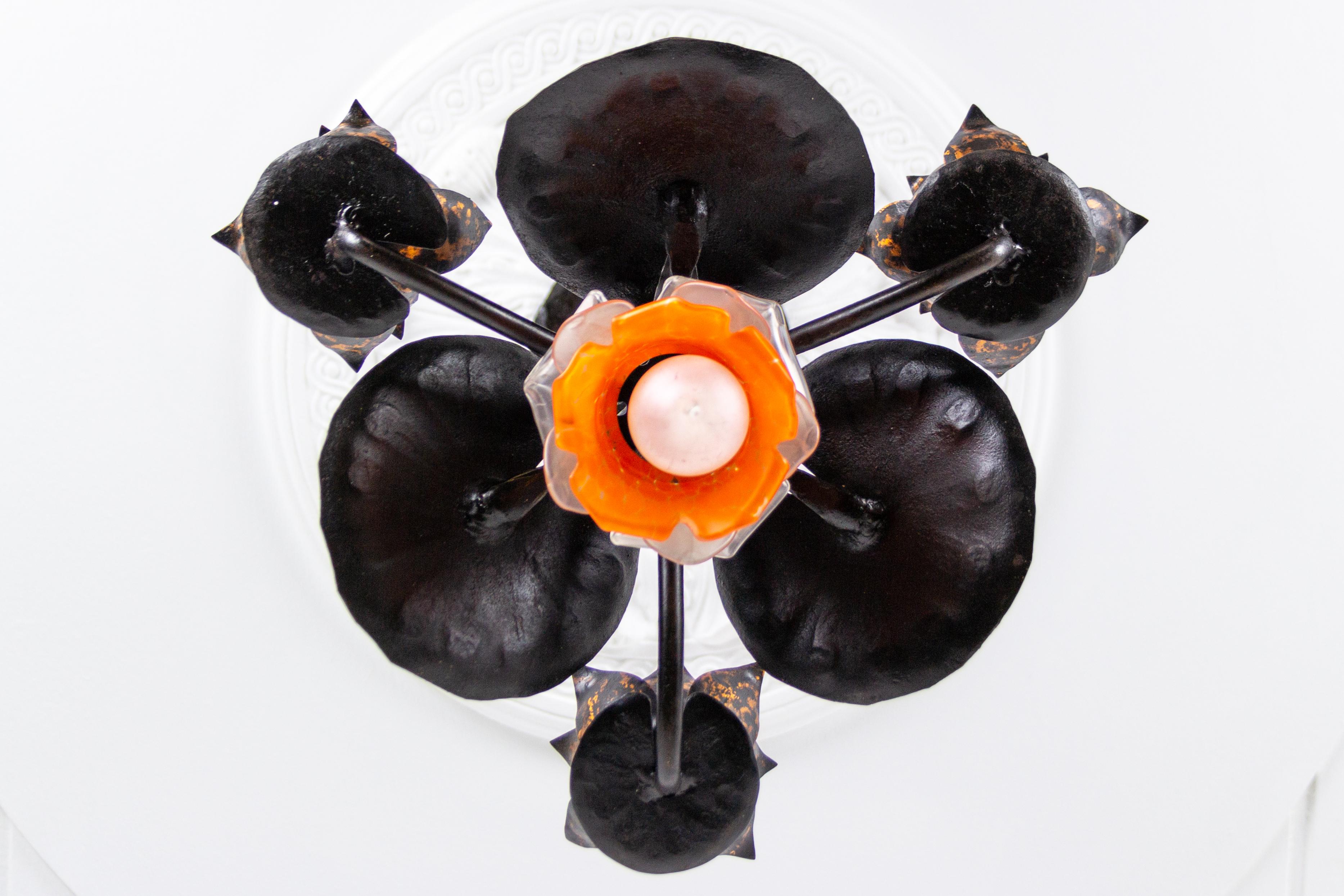 Wrought Iron Four-Light Water Lily Chandelier with Orange Glass Lampshade In Good Condition For Sale In Barntrup, DE