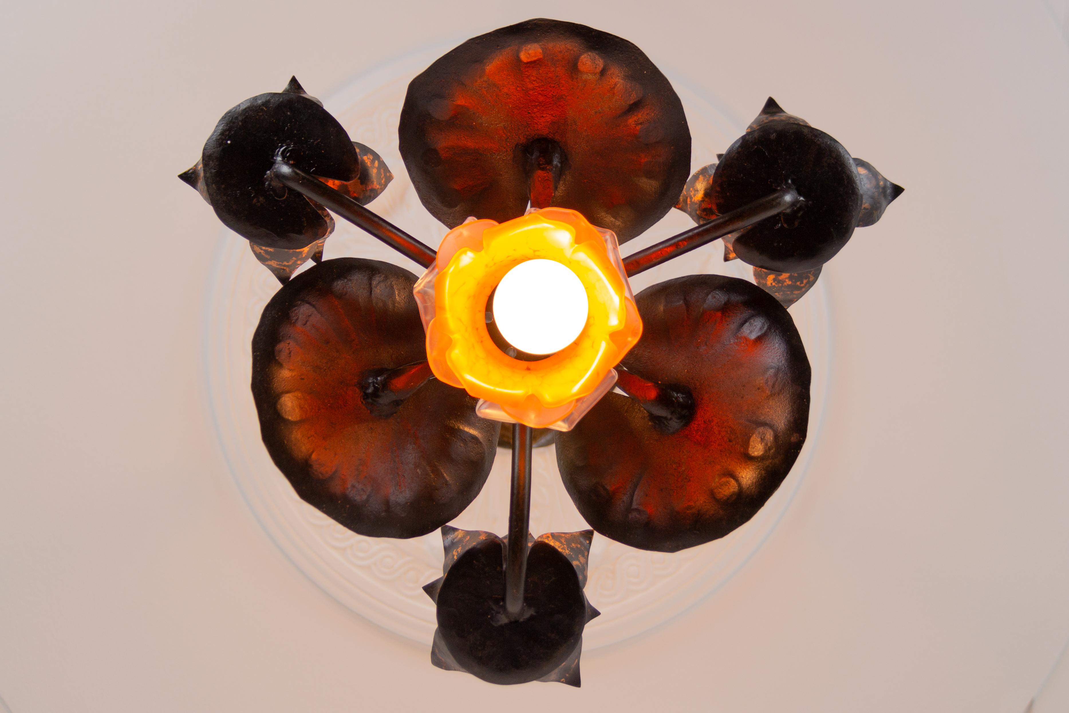 Mid-20th Century Wrought Iron Four-Light Water Lily Chandelier with Orange Glass Lampshade For Sale
