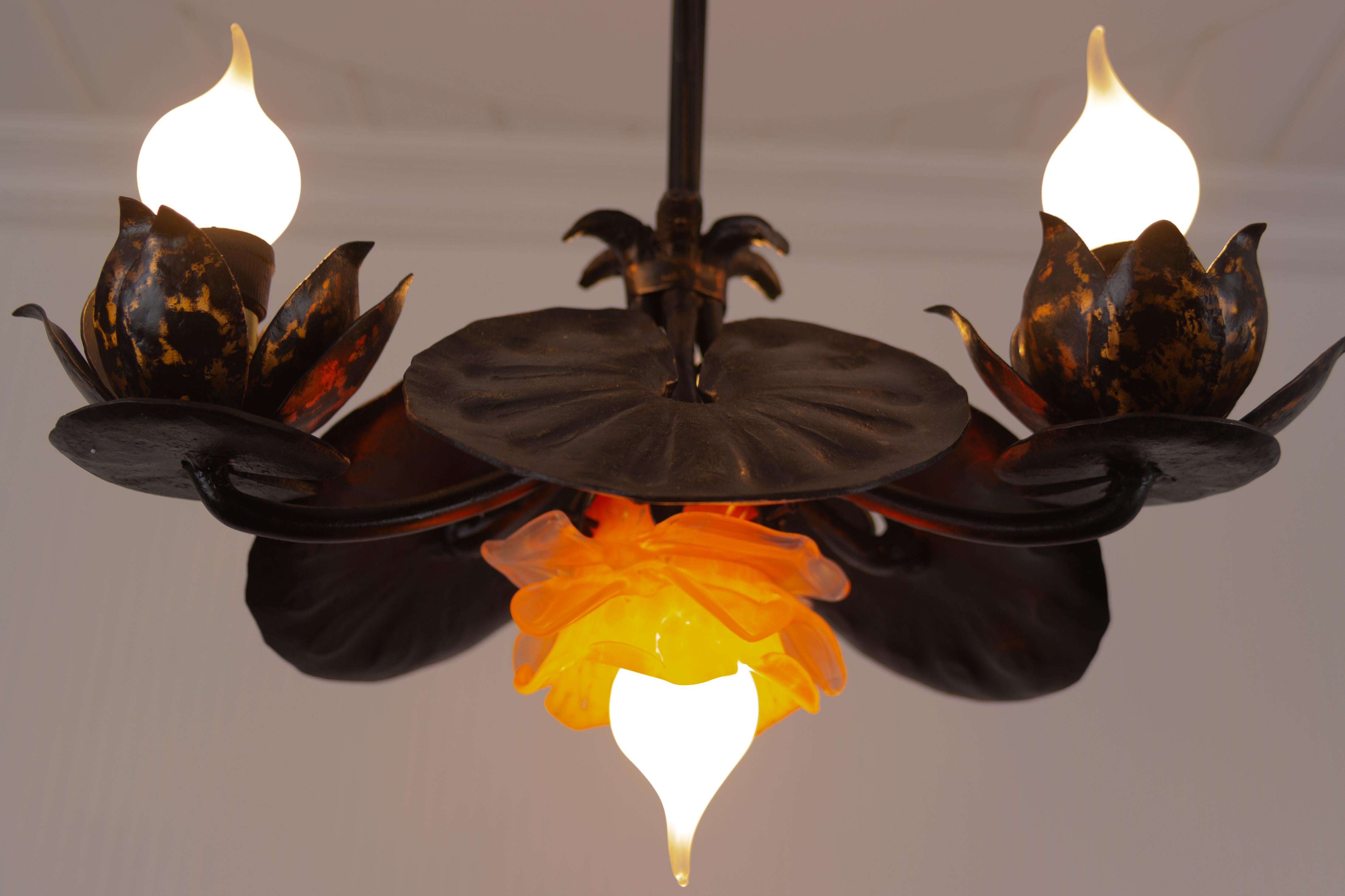 Wrought Iron Four-Light Water Lily Chandelier with Orange Glass Lampshade For Sale 3