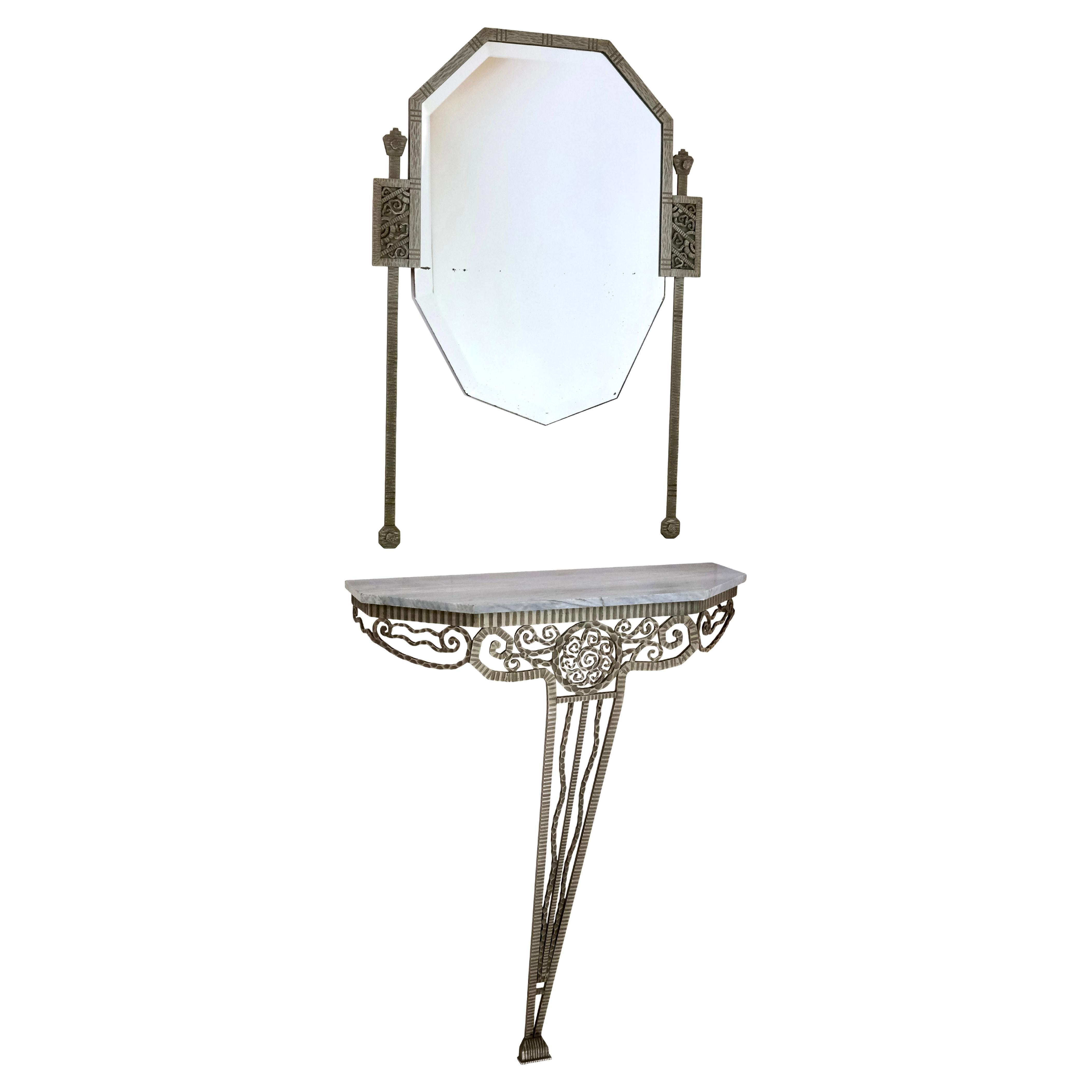 Wrought Iron French 1920's Art Deco Console Table with White Marble and Mirror