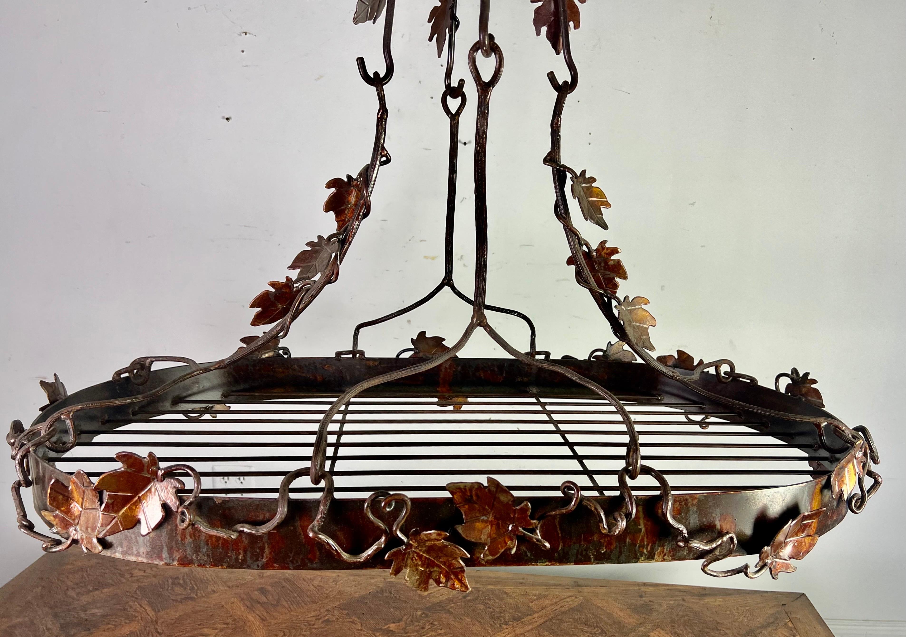 Wrought Iron French Grapevine Pot Rack-20th Century In Distressed Condition For Sale In Los Angeles, CA