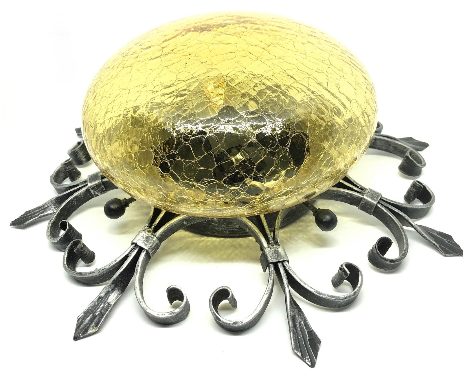 German Wrought Iron French Lily with Tortoise Shaped Glass, Flush Mount Ceiling Light