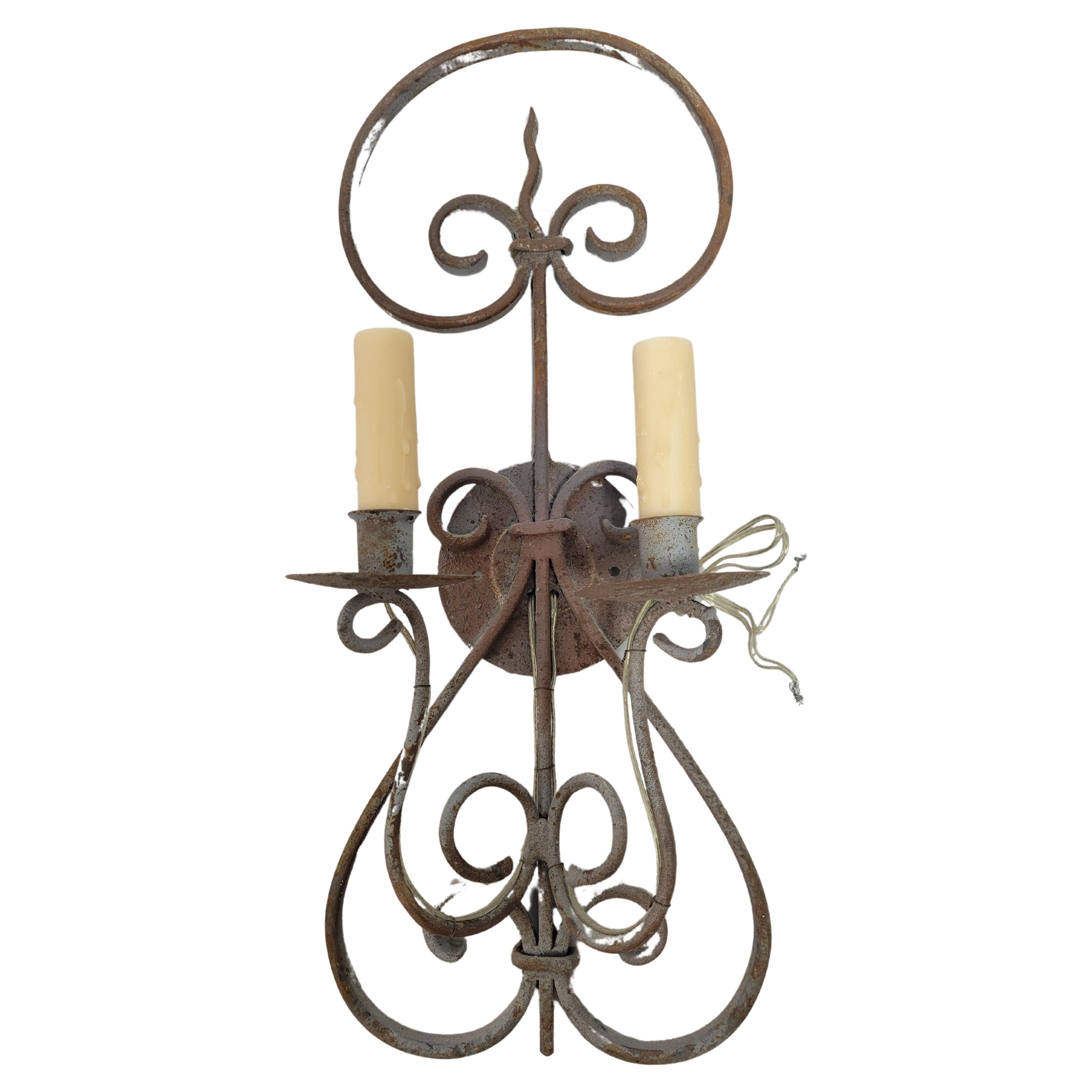 Wrought Iron French Wall Sconce -Electrified with Charming Patina